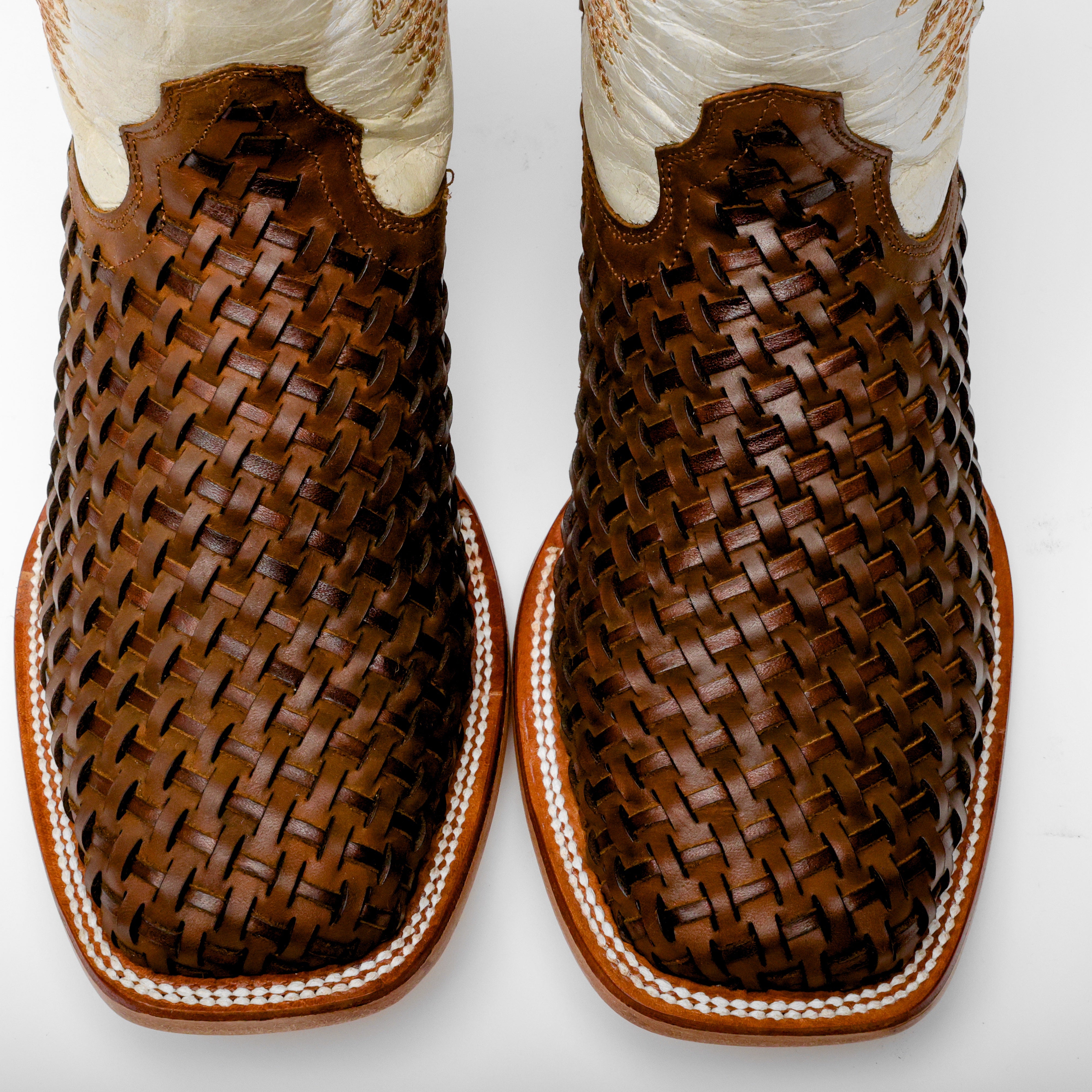 Tan Basketweave Leather Square Toe Boots