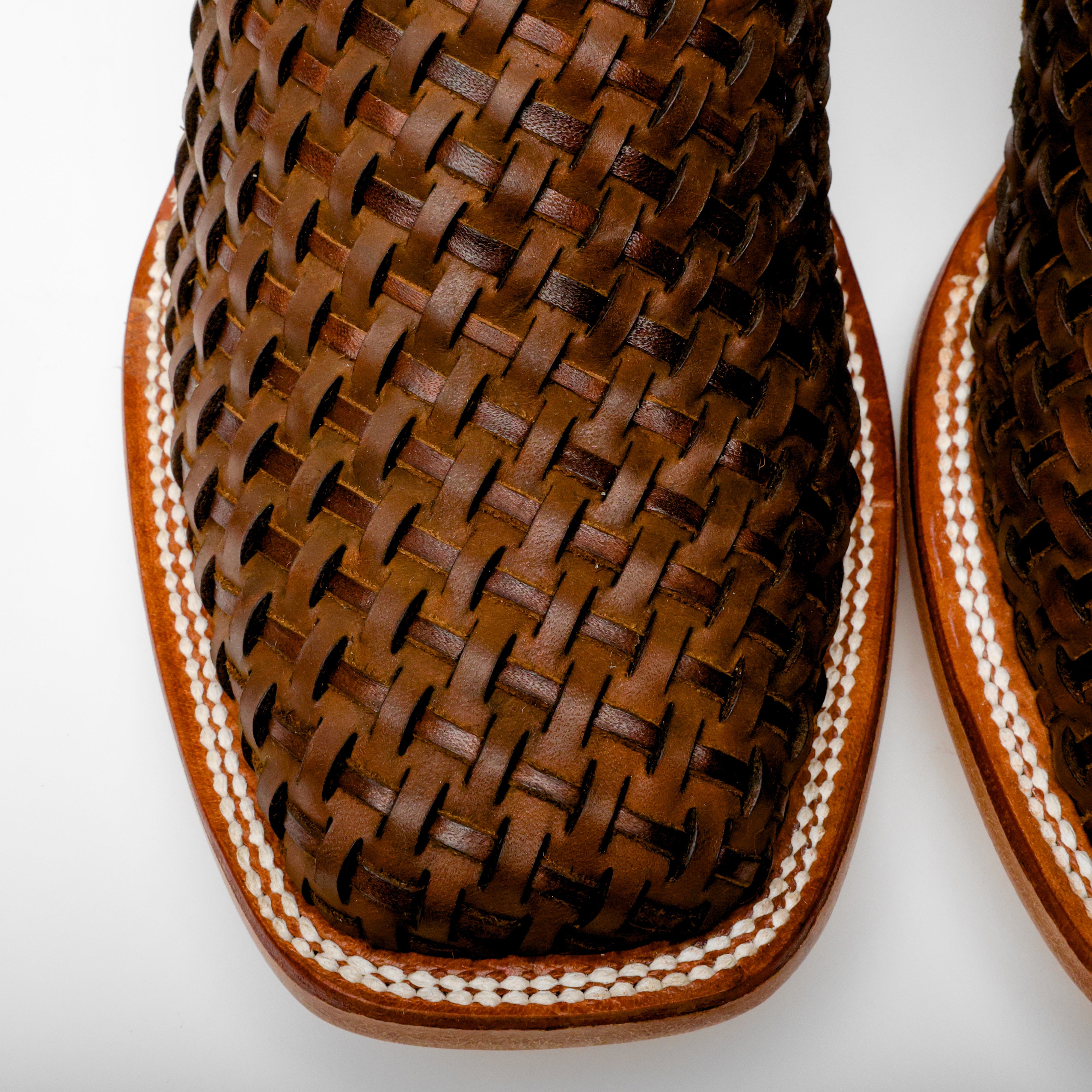 Tan Basketweave Leather Square Toe Boots