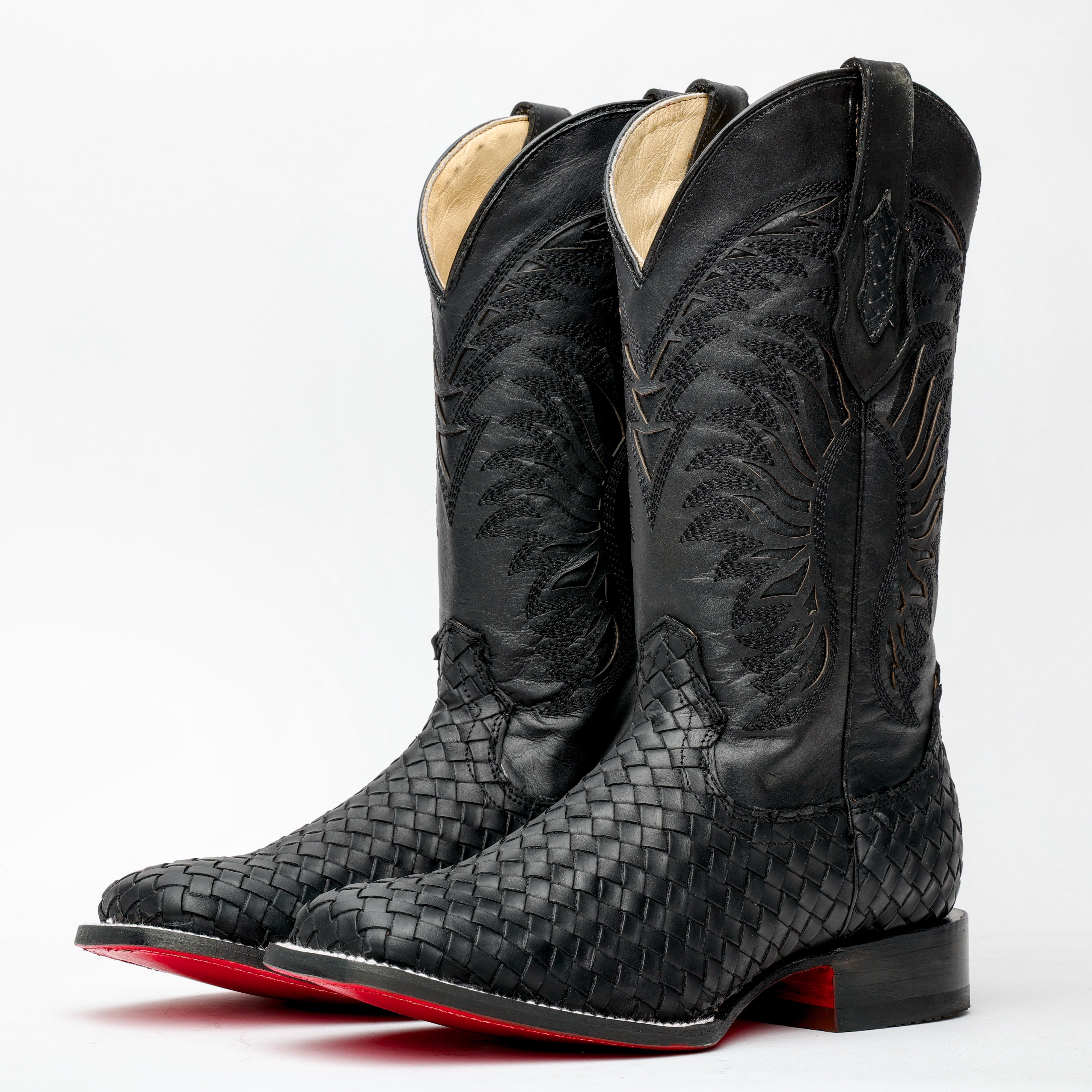 Black Basketweave Leather Square Toe Boots