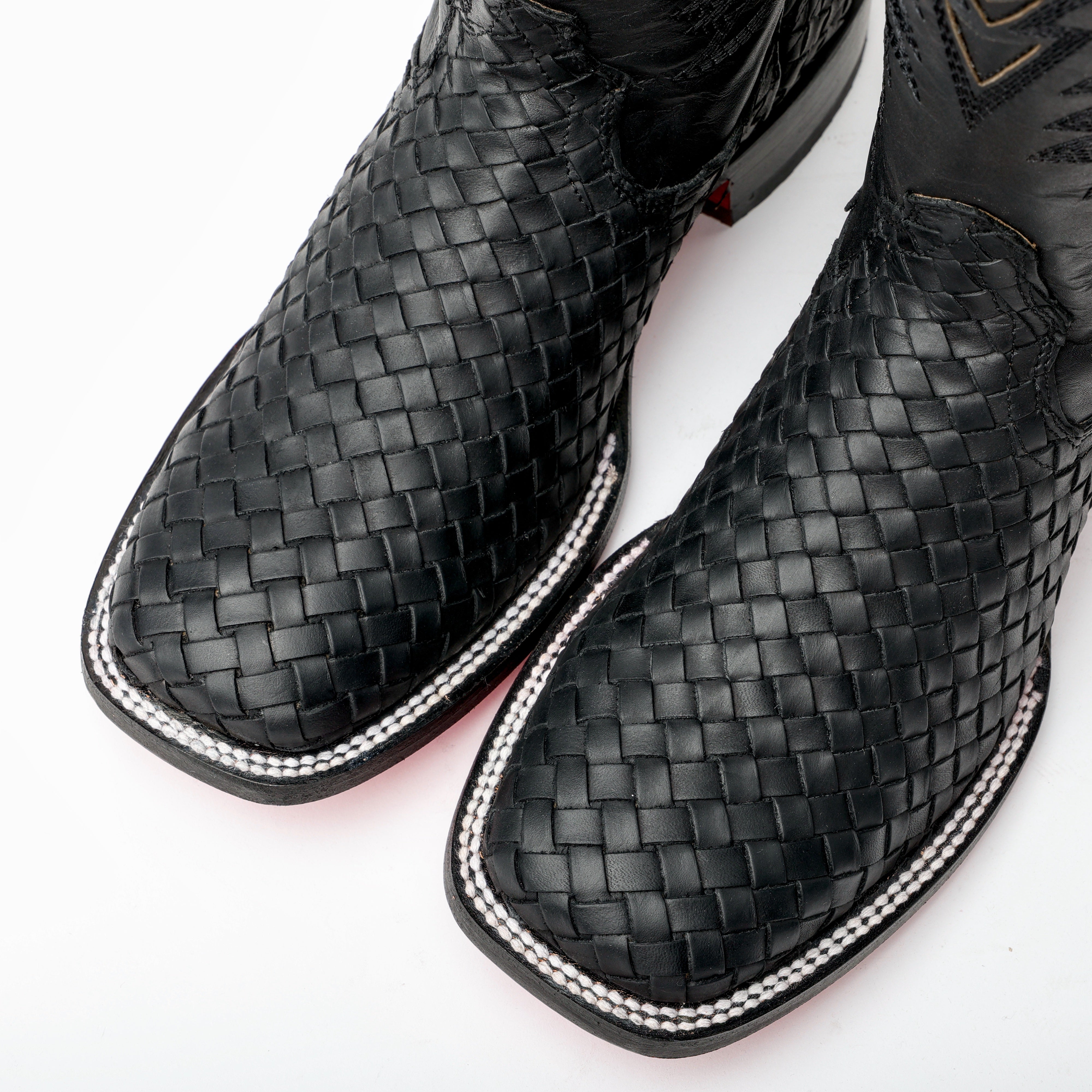 Black Basketweave Leather Square Toe Boots