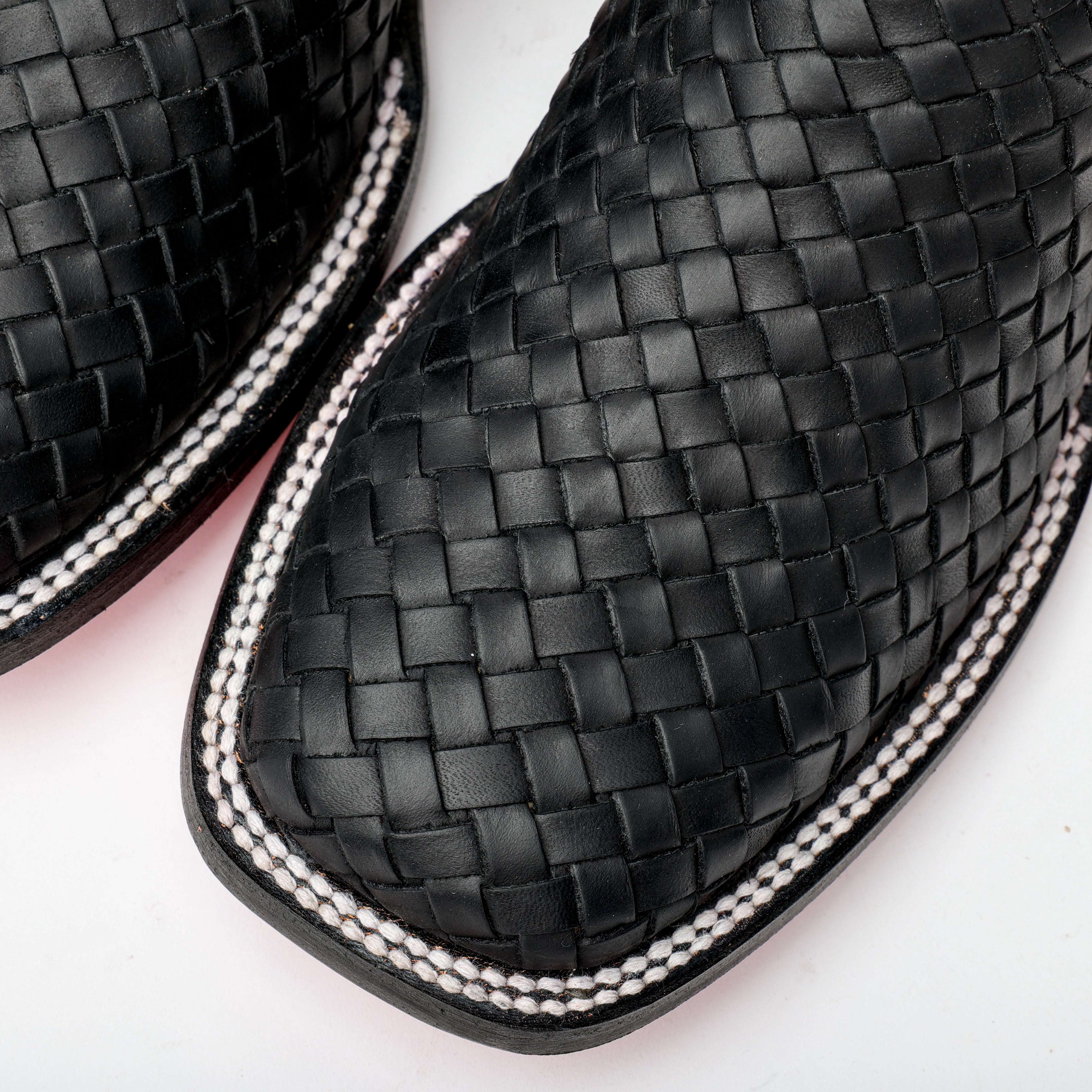 Black Basketweave Leather Square Toe Boots