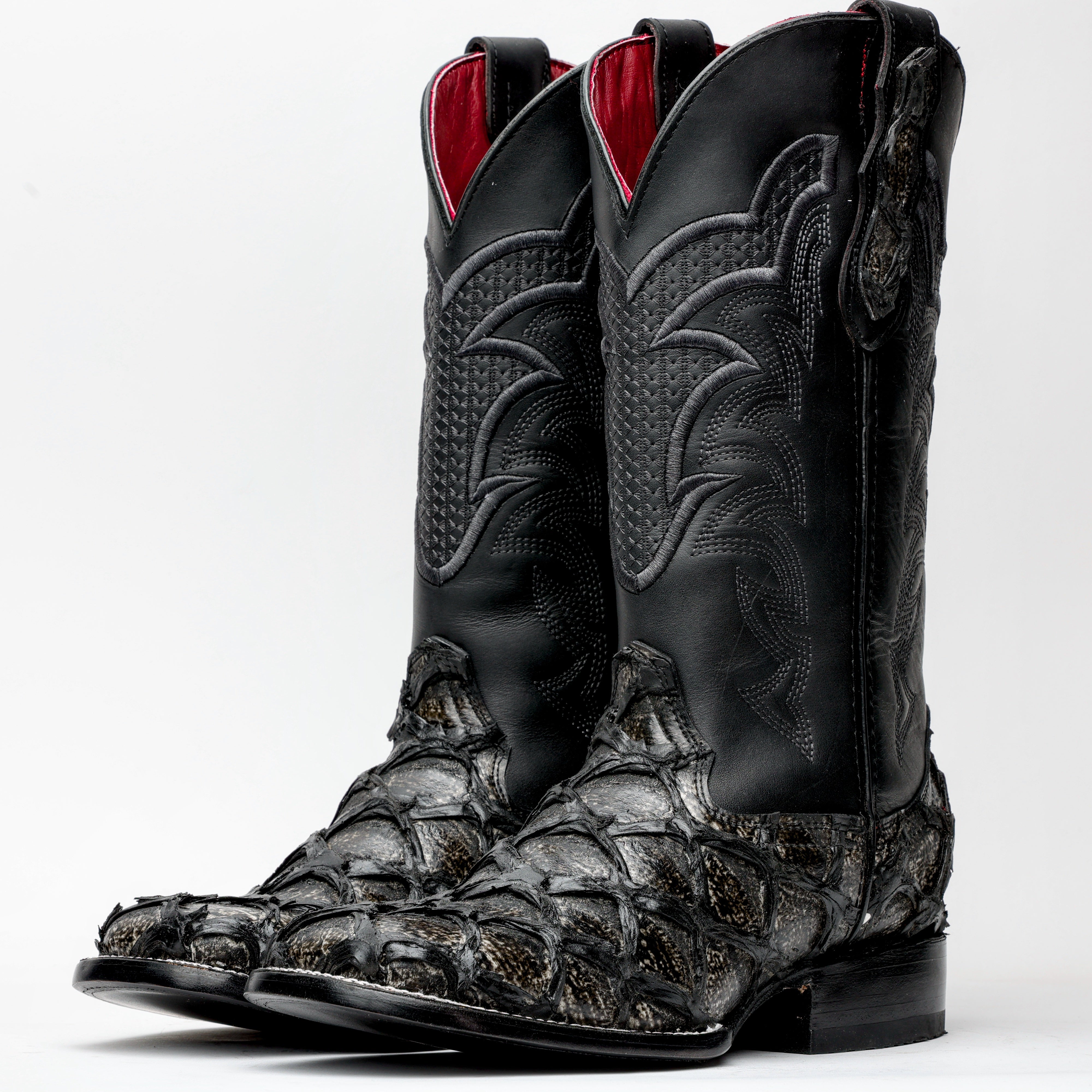 Midnight Grey Jumbo Pirarucu Square Toe Leather Boots