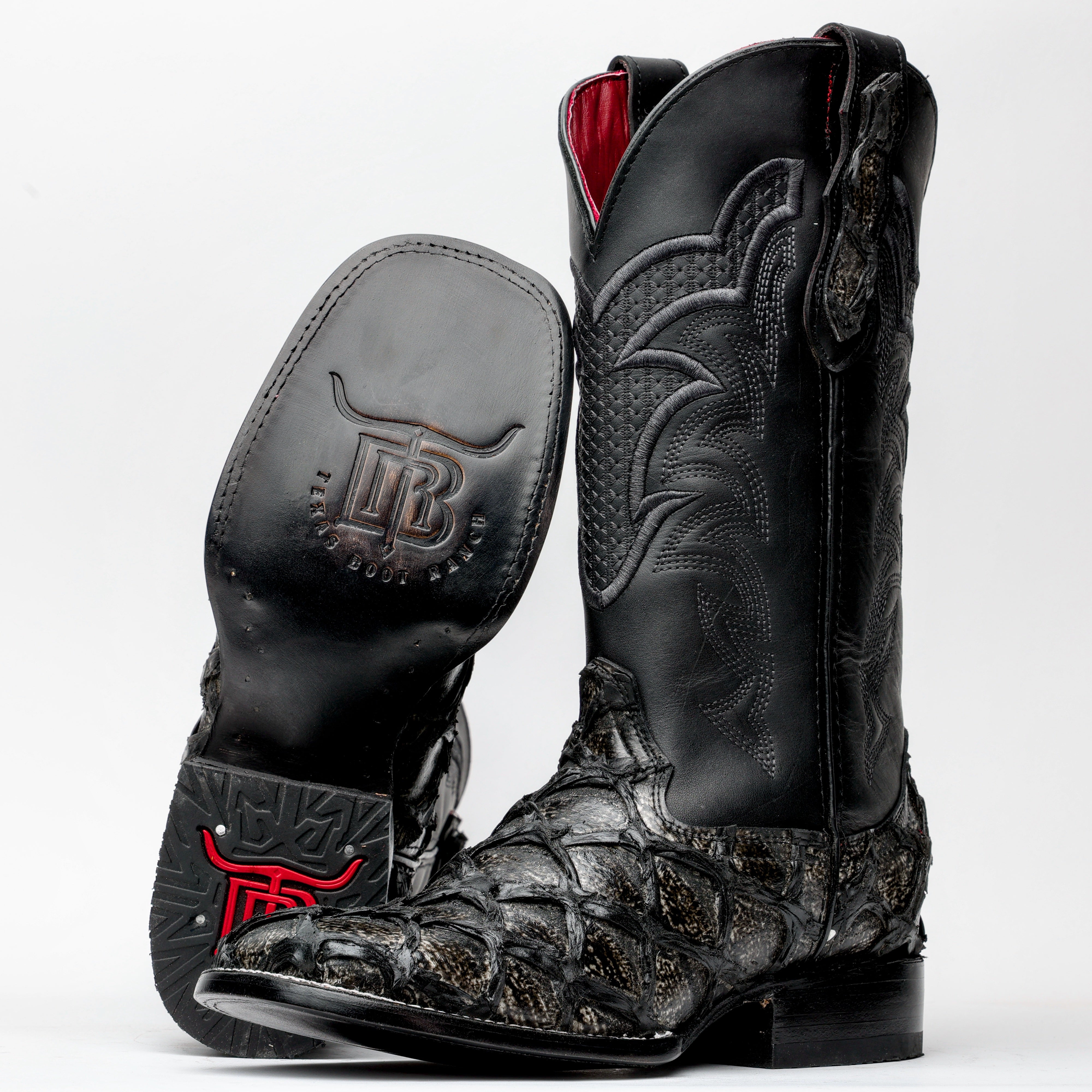 Midnight Grey Jumbo Pirarucu Square Toe Leather Boots