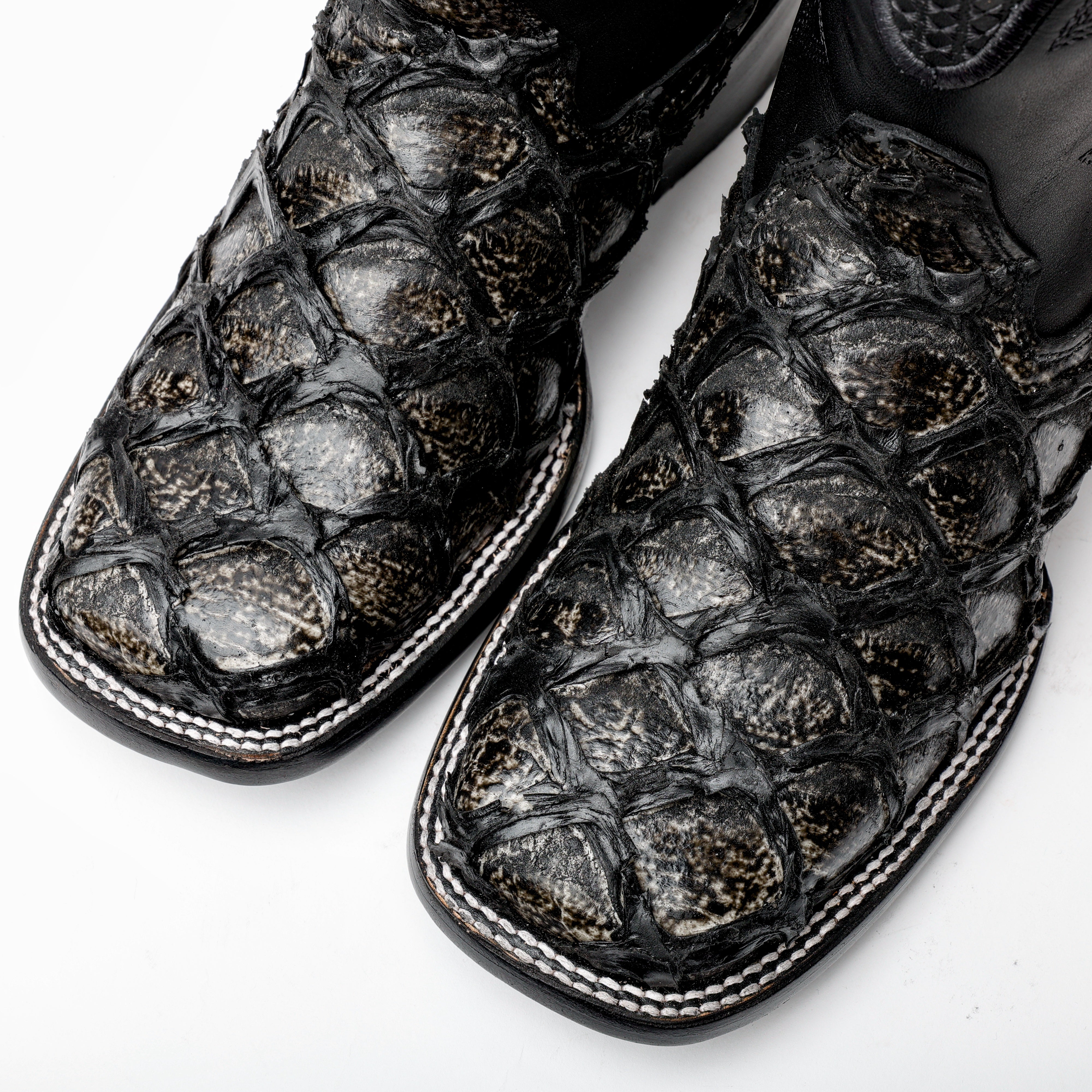 Midnight Grey Jumbo Pirarucu Square Toe Leather Boots