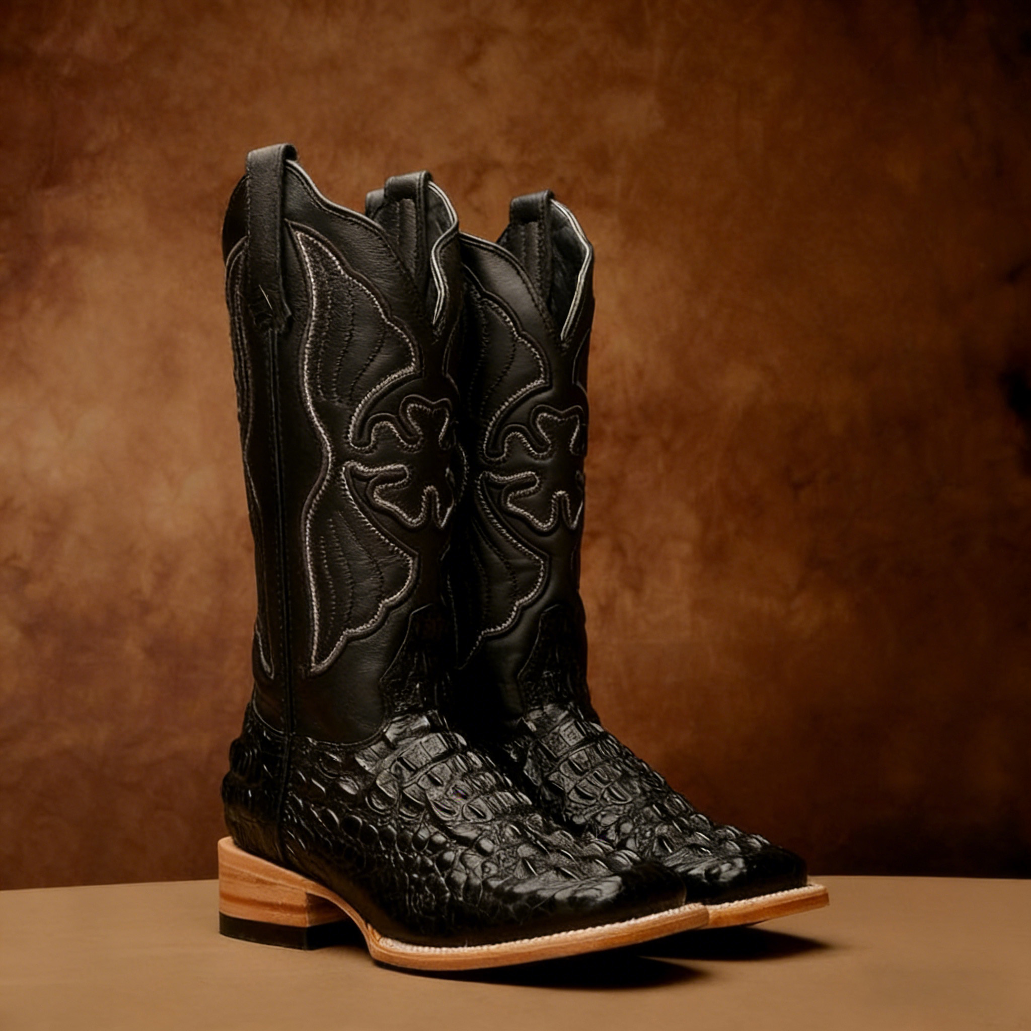 Black Caiman Neck Leather Boots