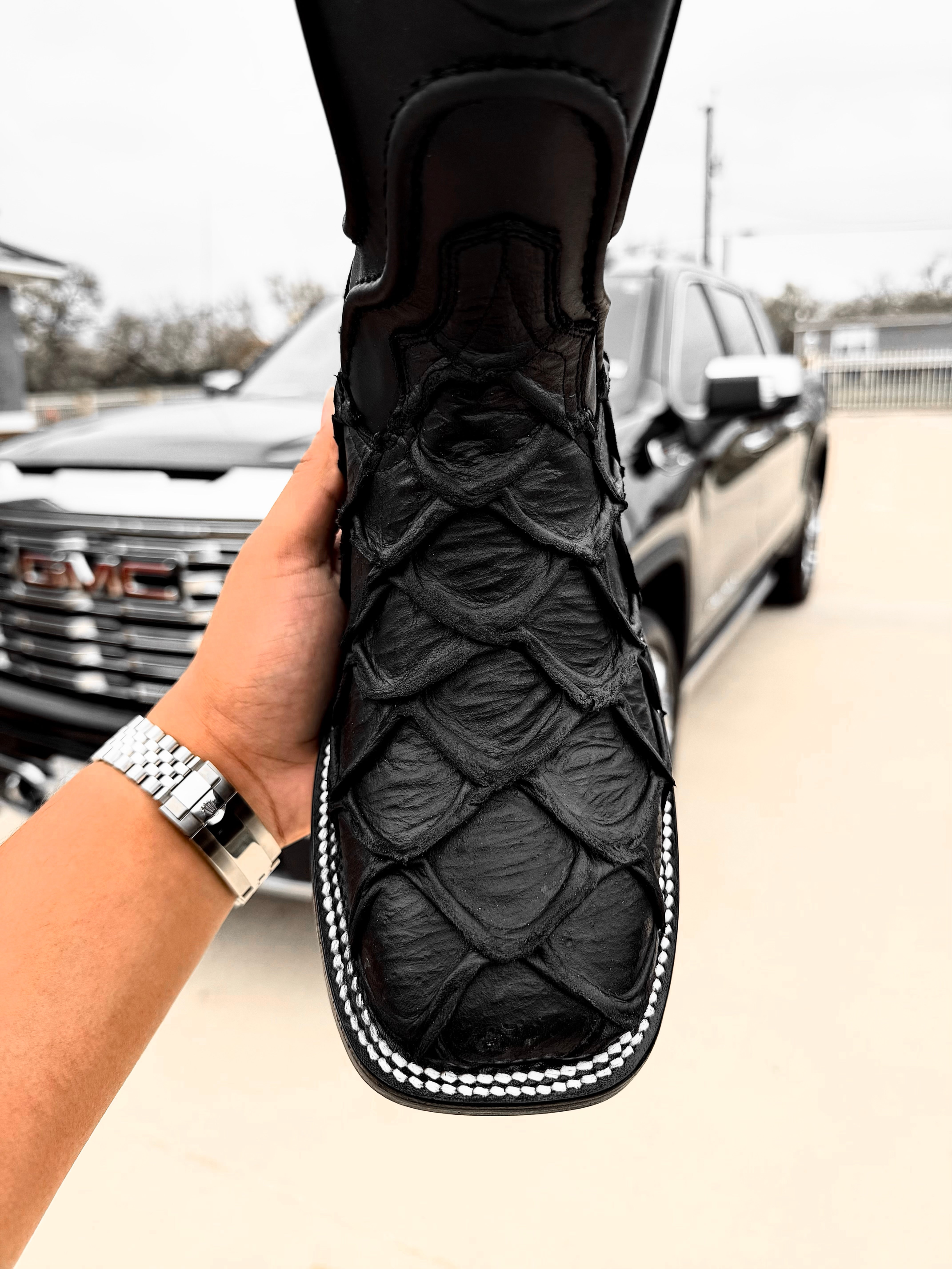 Matte Black Pirarucu Square Toe Leather Boots