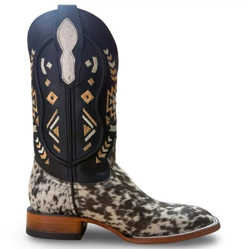 Cowhair-Patterned Genuine Leather Embroidered Cowboy Boots