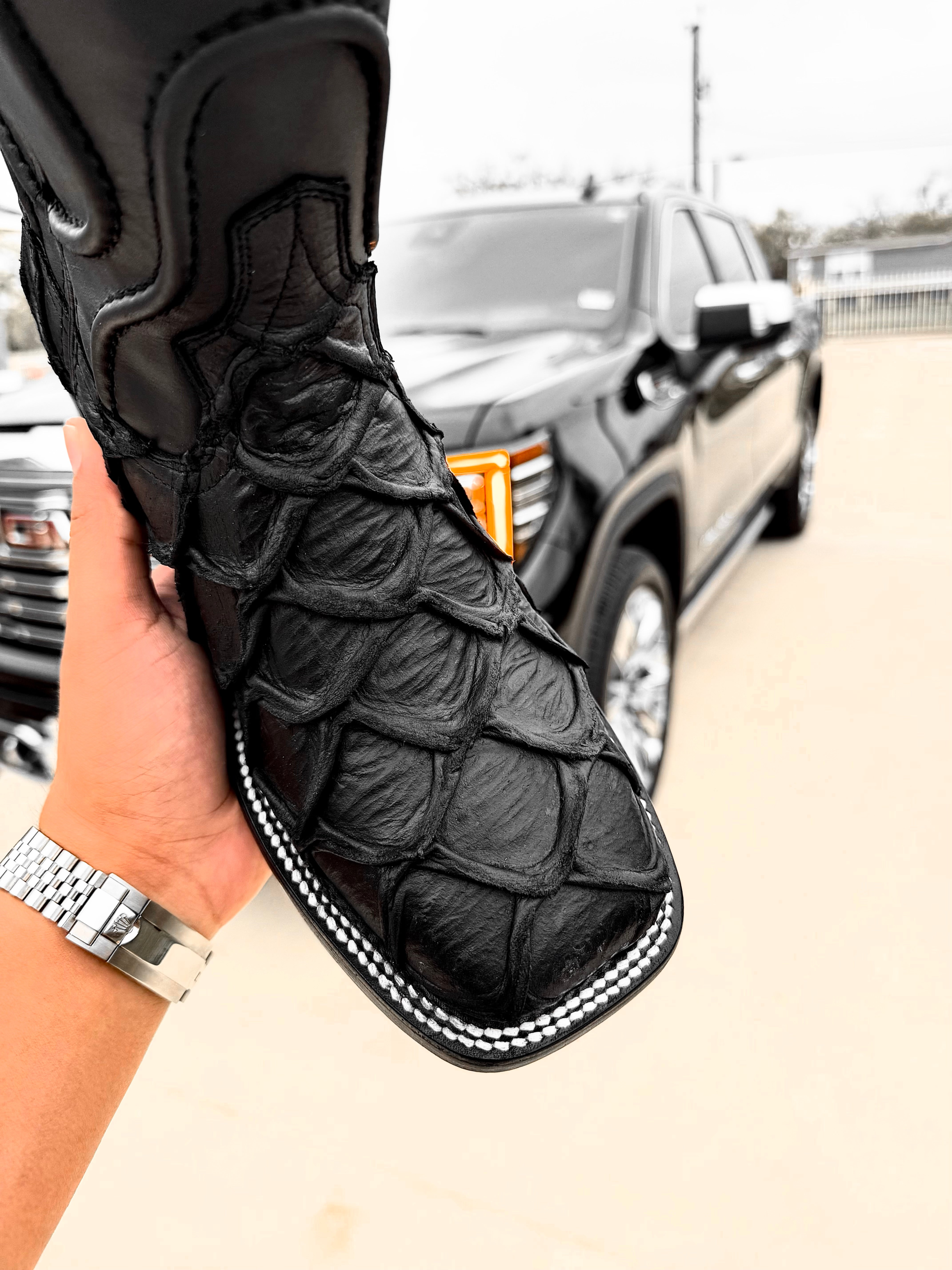 Matte Black Pirarucu Square Toe Leather Boots