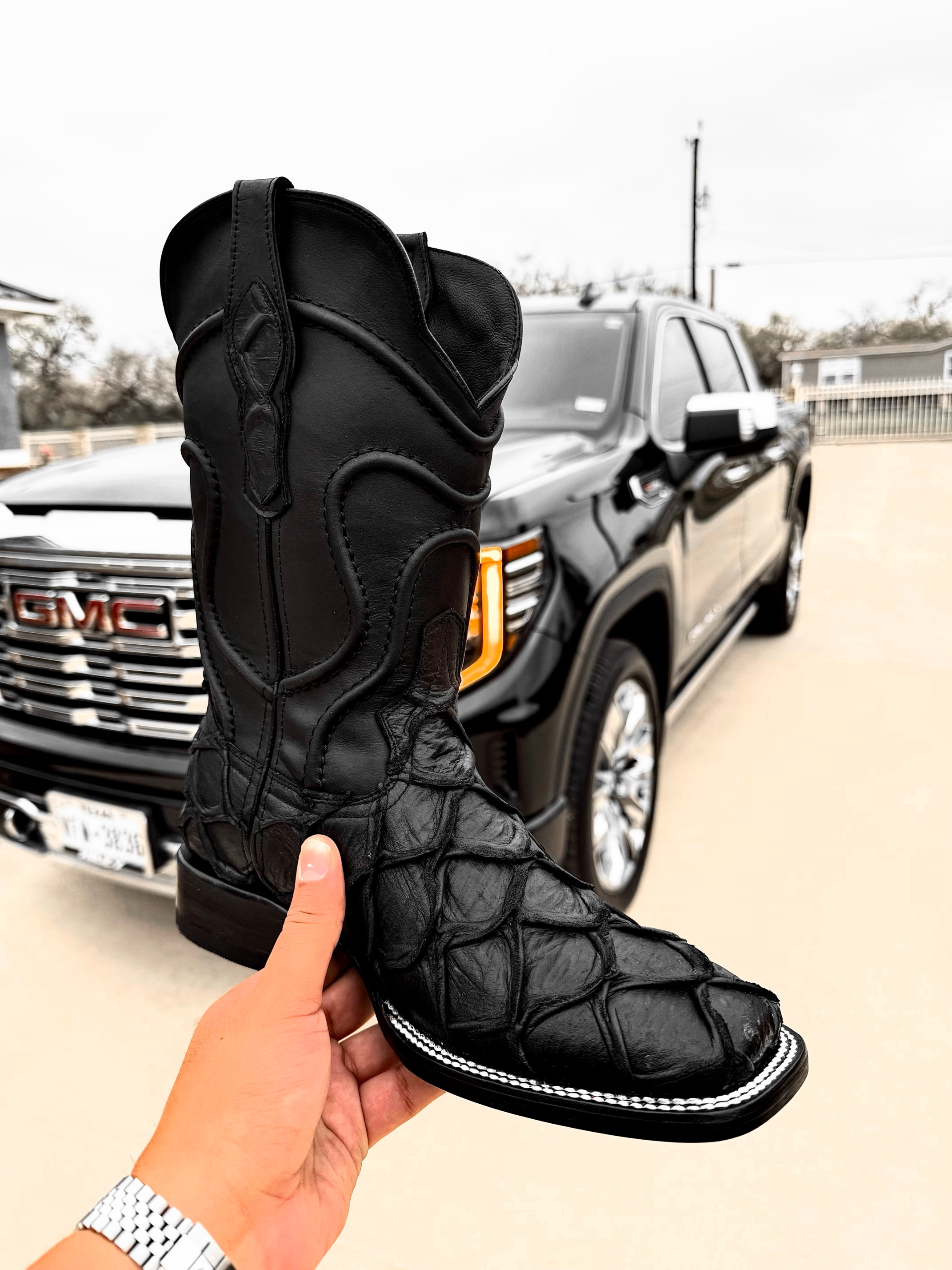 Matte Black Pirarucu Square Toe Leather Boots