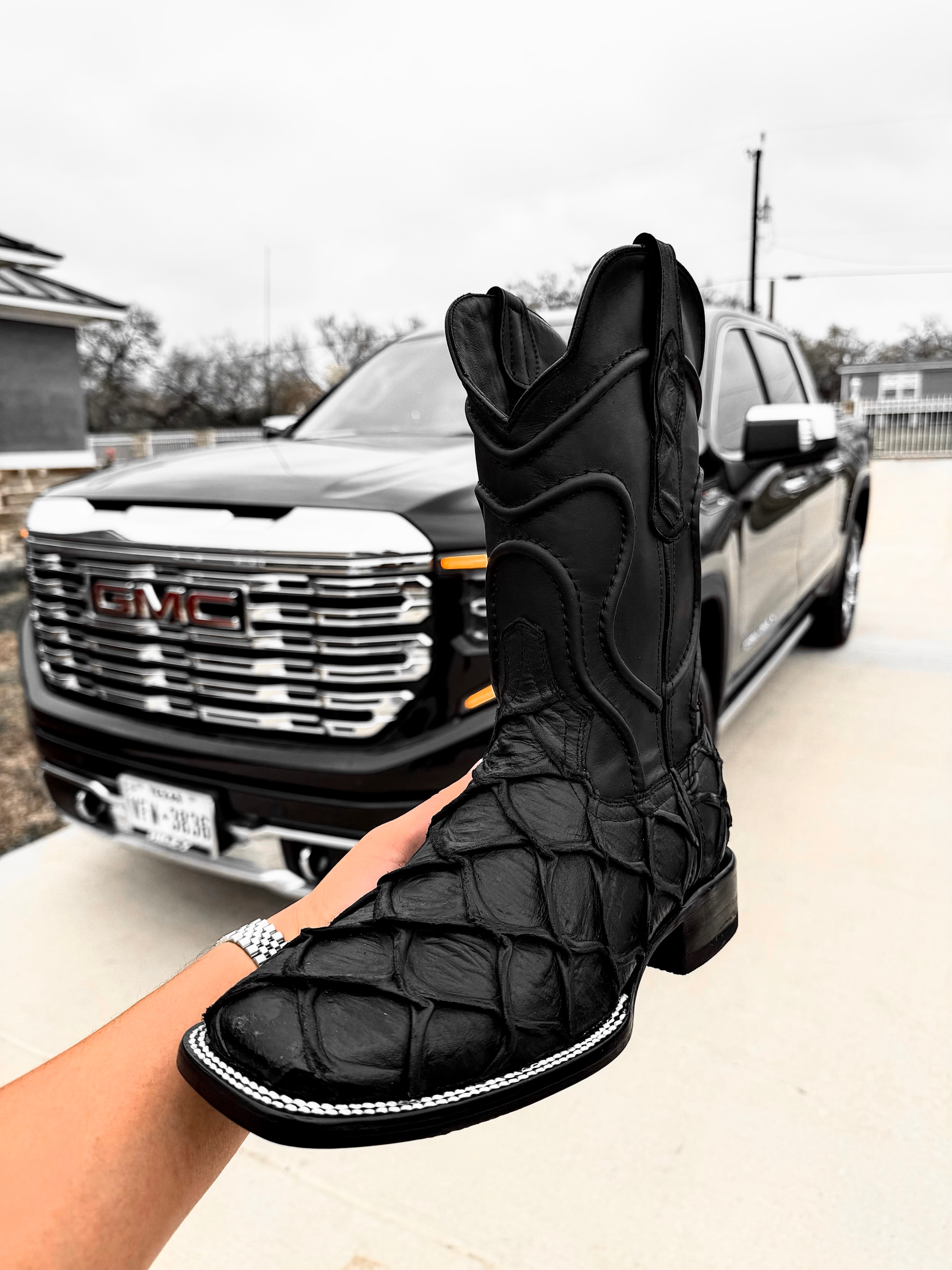 Matte Black Pirarucu Square Toe Leather Boots