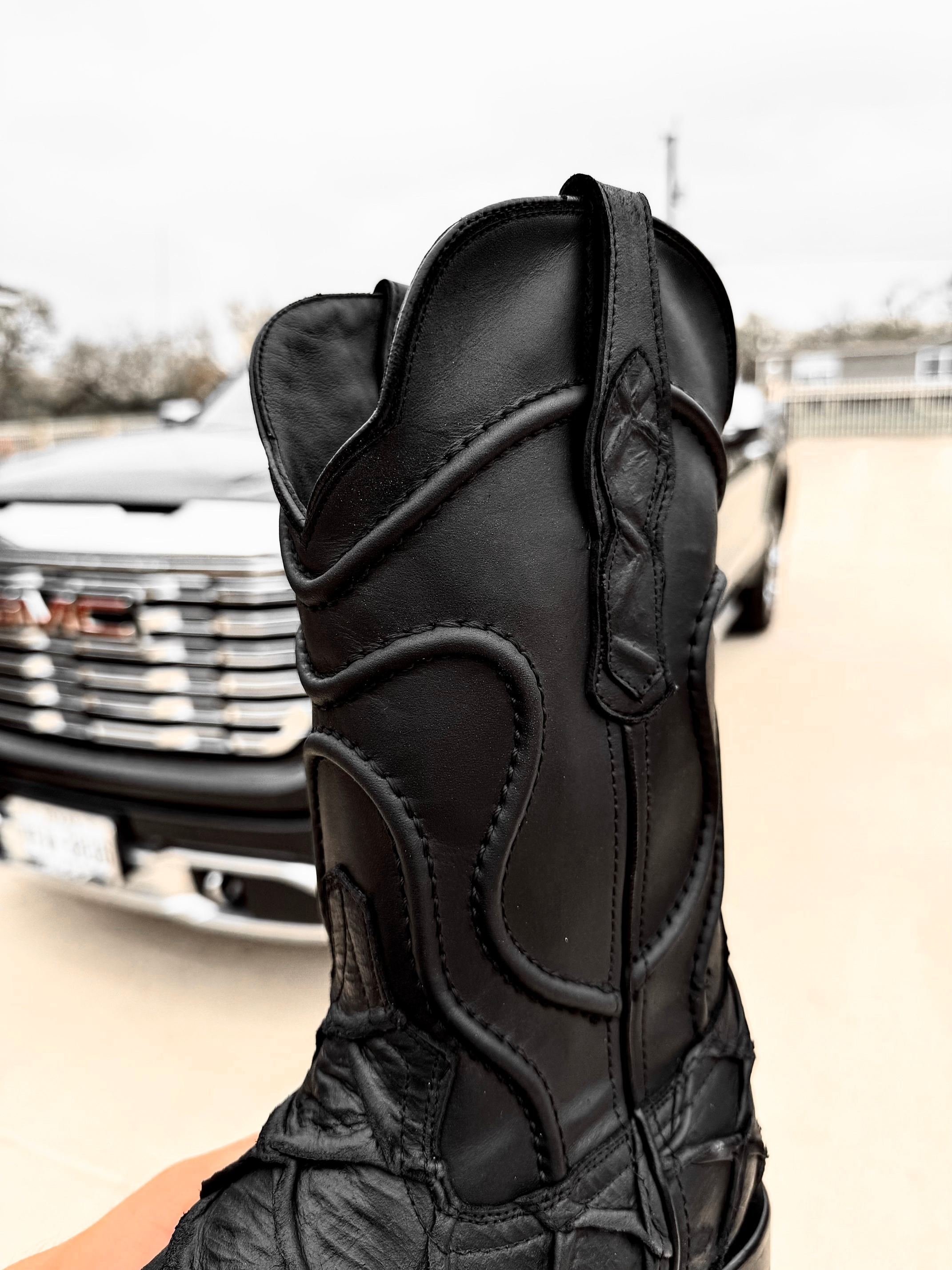 Matte Black Pirarucu Square Toe Leather Boots