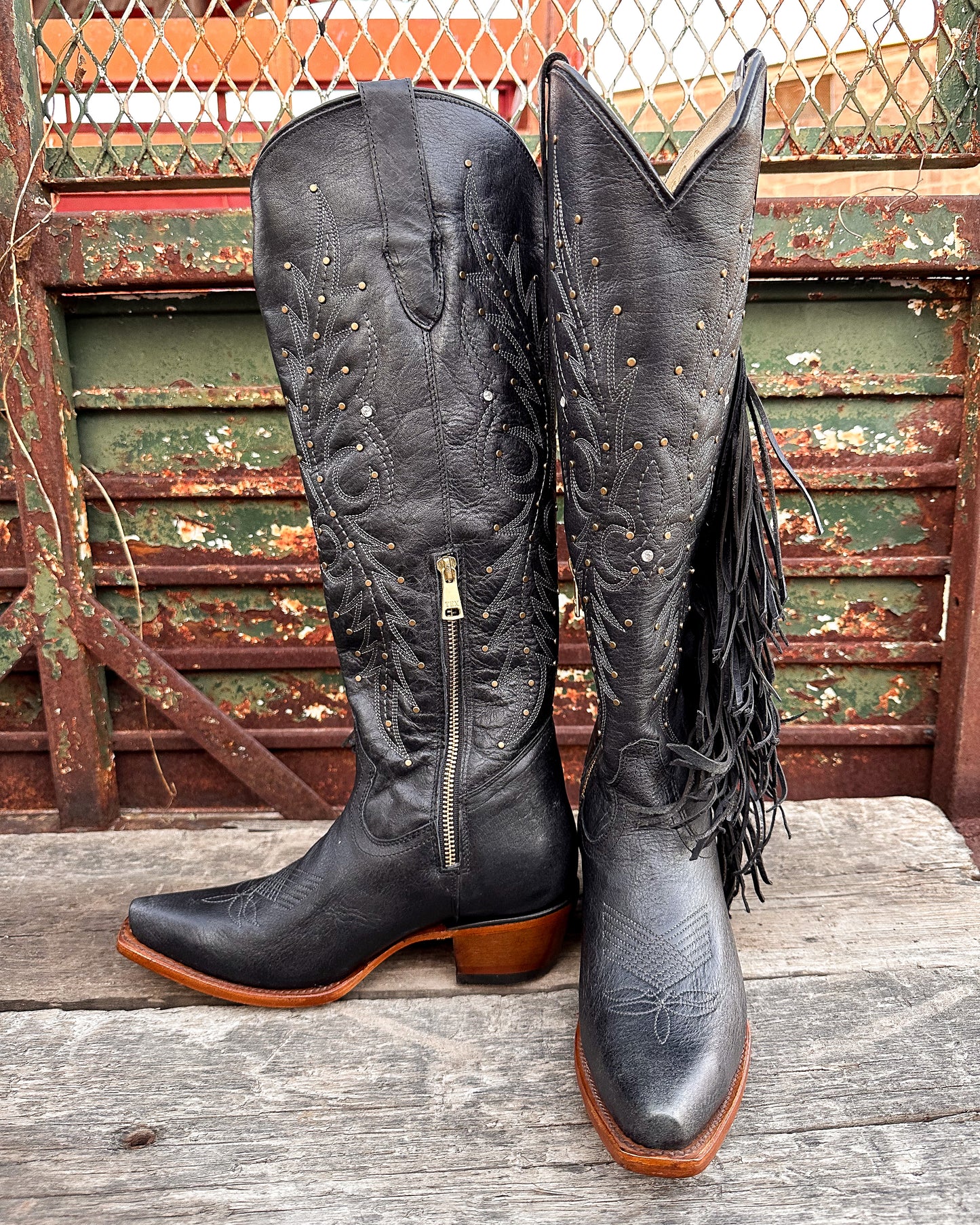 Cowboy Boot Tall Black Paulina Fringe