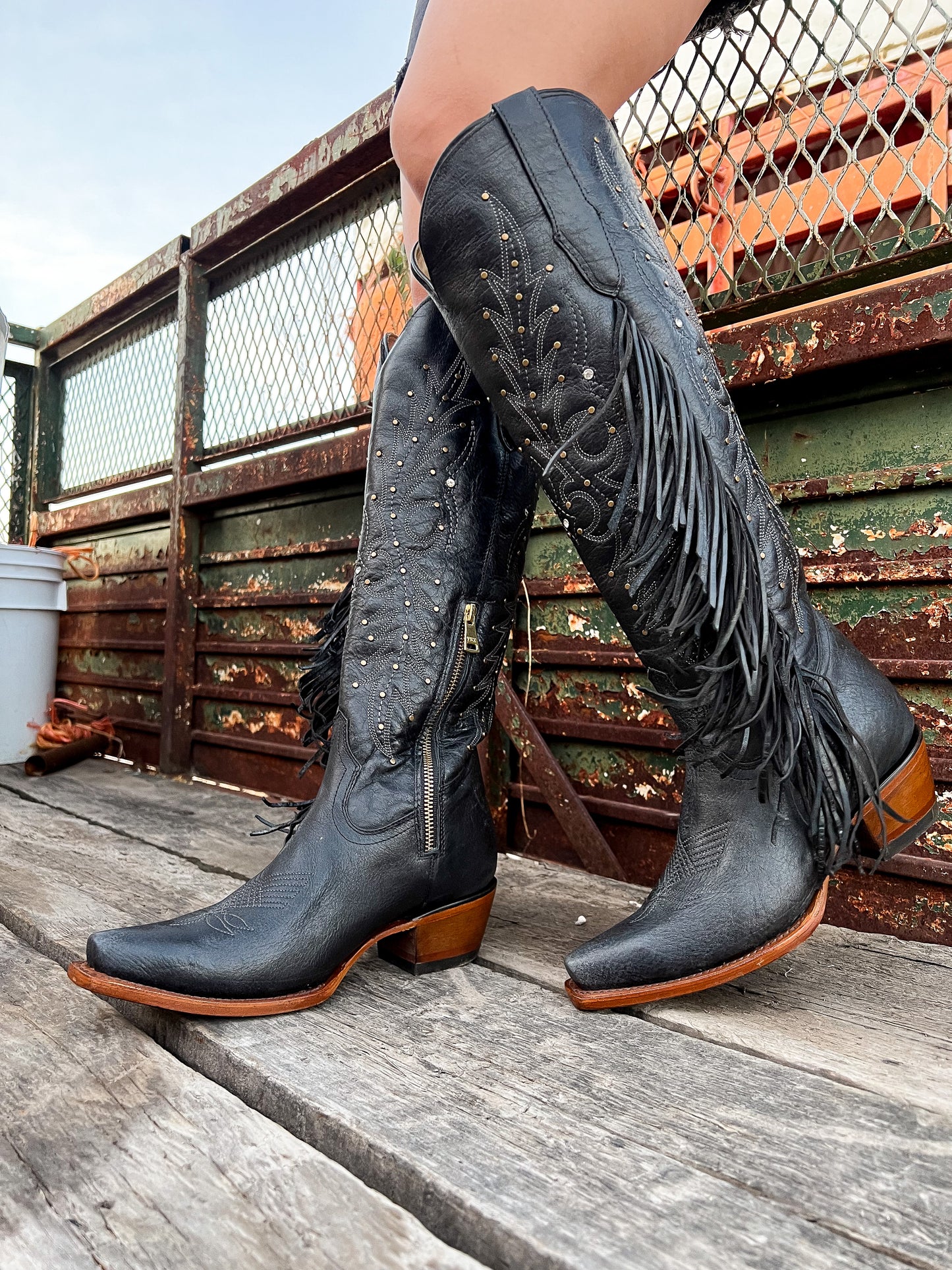 Cowboy Boot Tall Black Paulina Fringe