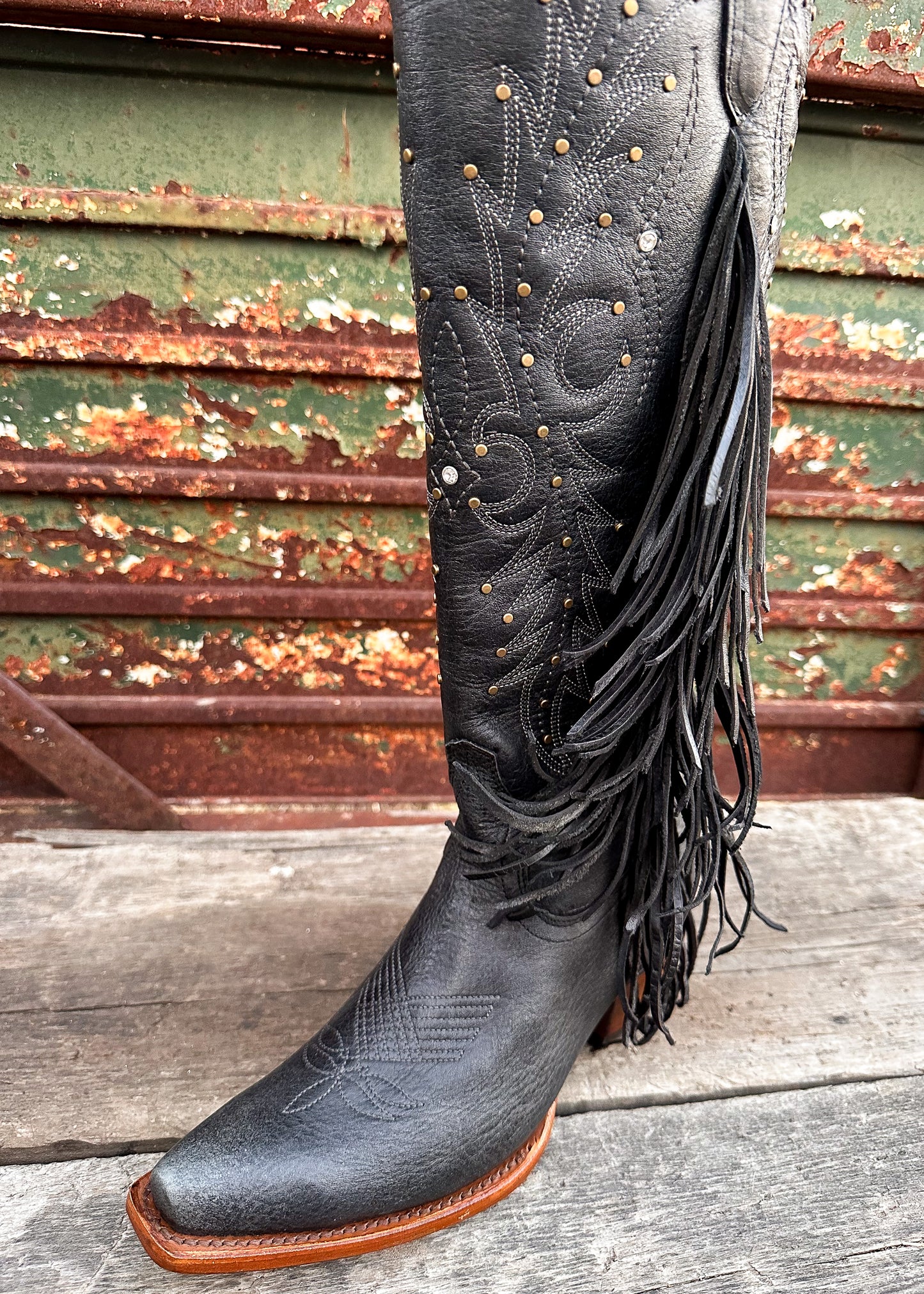 Cowboy Boot Tall Black Paulina Fringe