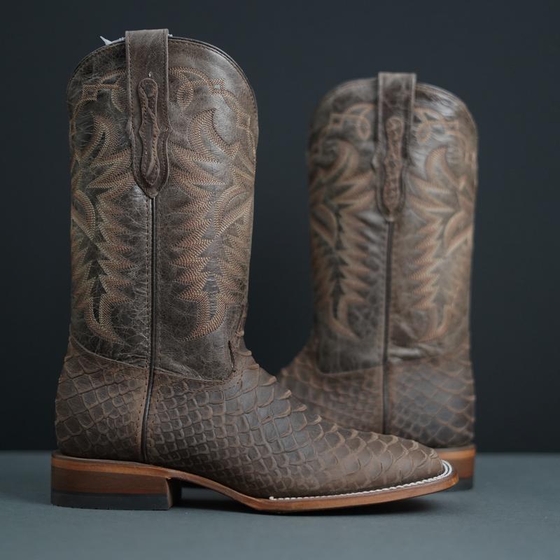 Snake Print on Cowhide Leather Square Toe Western Boots