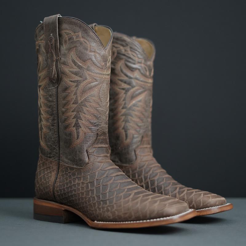 Snake Print on Cowhide Leather Square Toe Western Boots