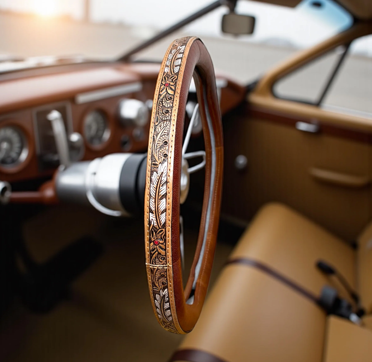 Cowgirl Western Tooled Leather Steering Wheel Cover