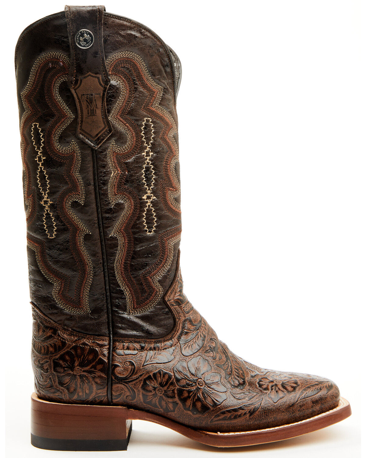 Women's Hand Tooled Floral Western Boots - Broad Square Toe