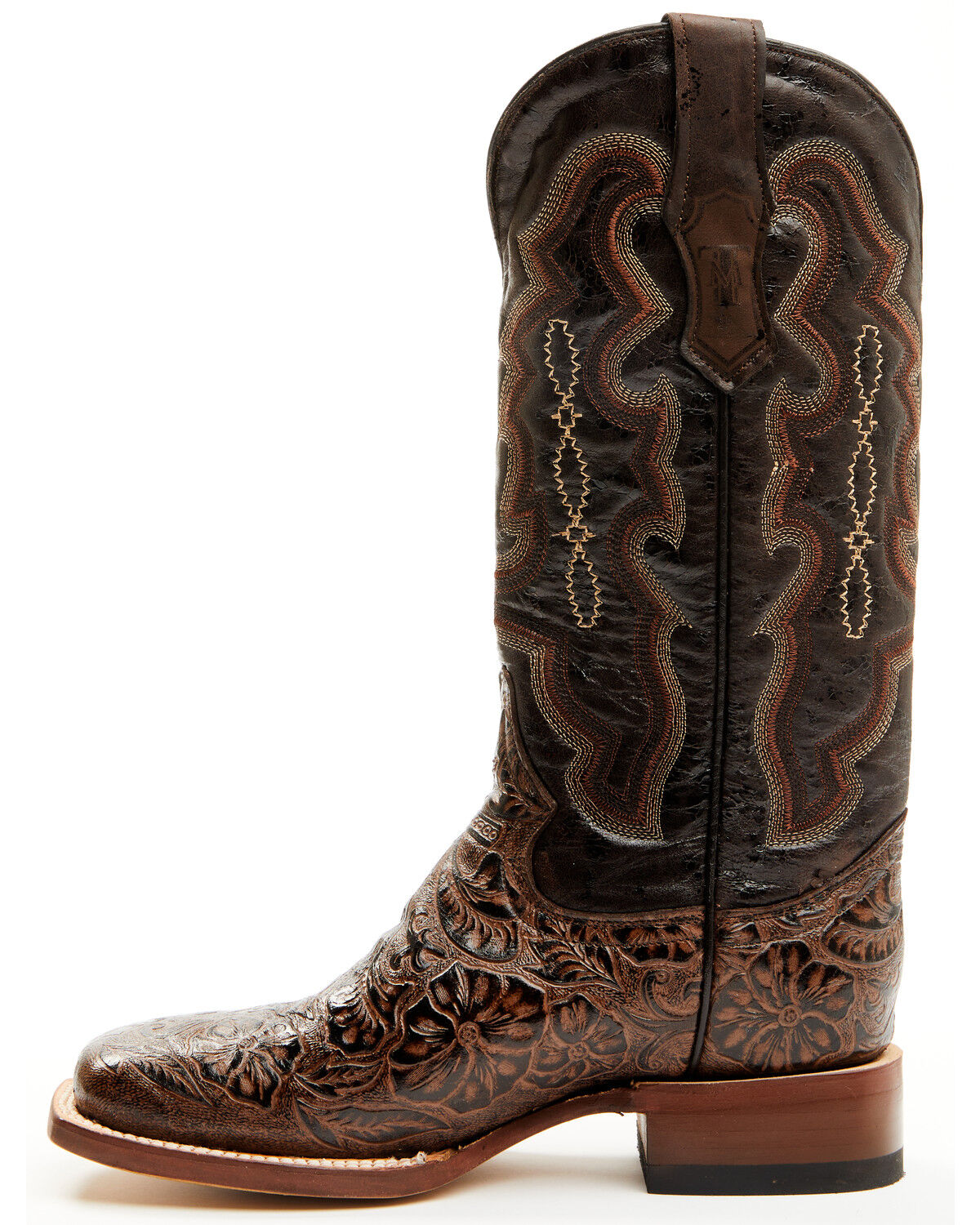 Women's Hand Tooled Floral Western Boots - Broad Square Toe