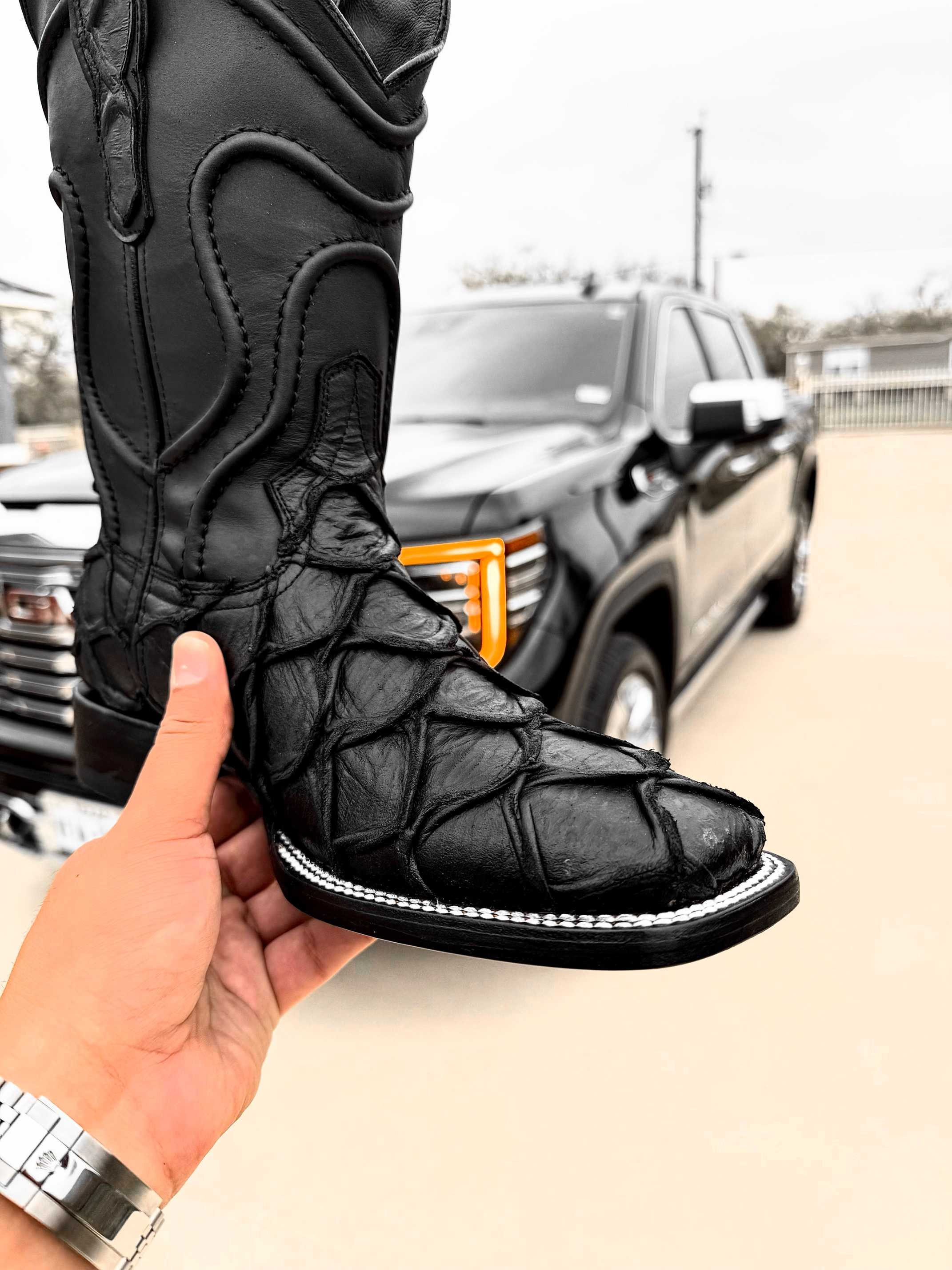 Matte Black Pirarucu Square Toe Leather Boots