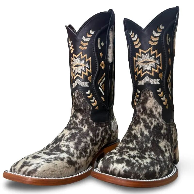 Cowhair-Patterned Genuine Leather Embroidered Cowboy Boots