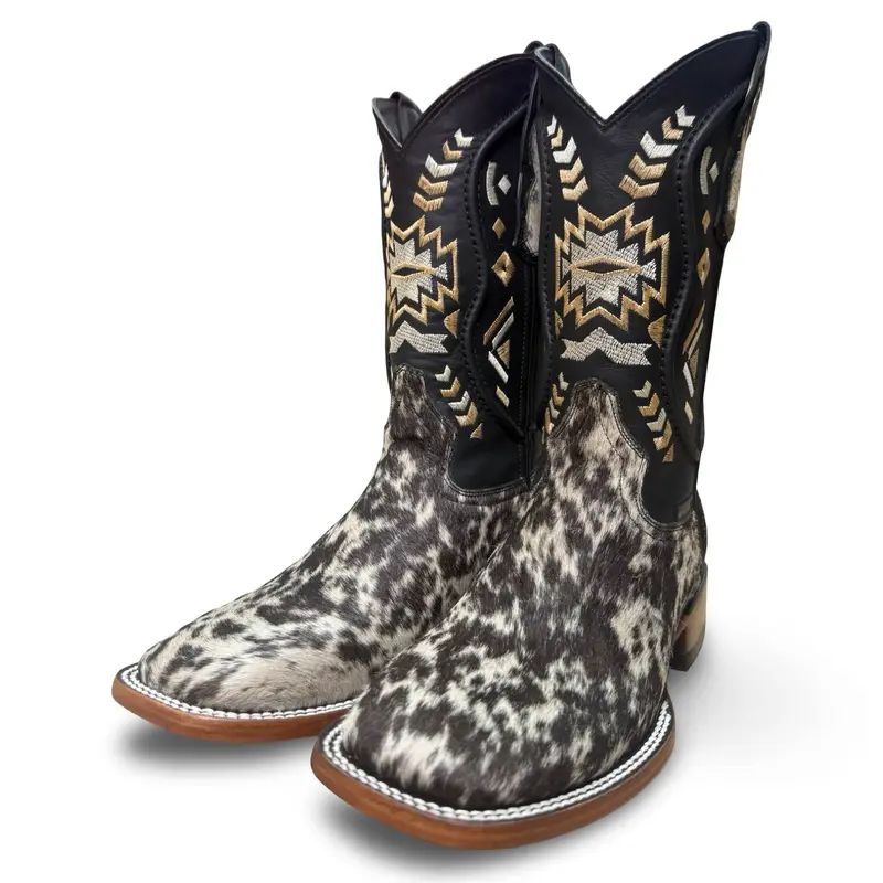 Cowhair-Patterned Genuine Leather Embroidered Cowboy Boots