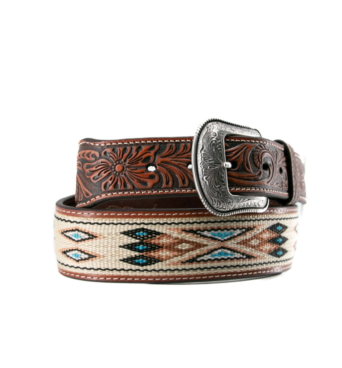 3D Leather Tapered Woven Inlay Tan Cowboy Belt