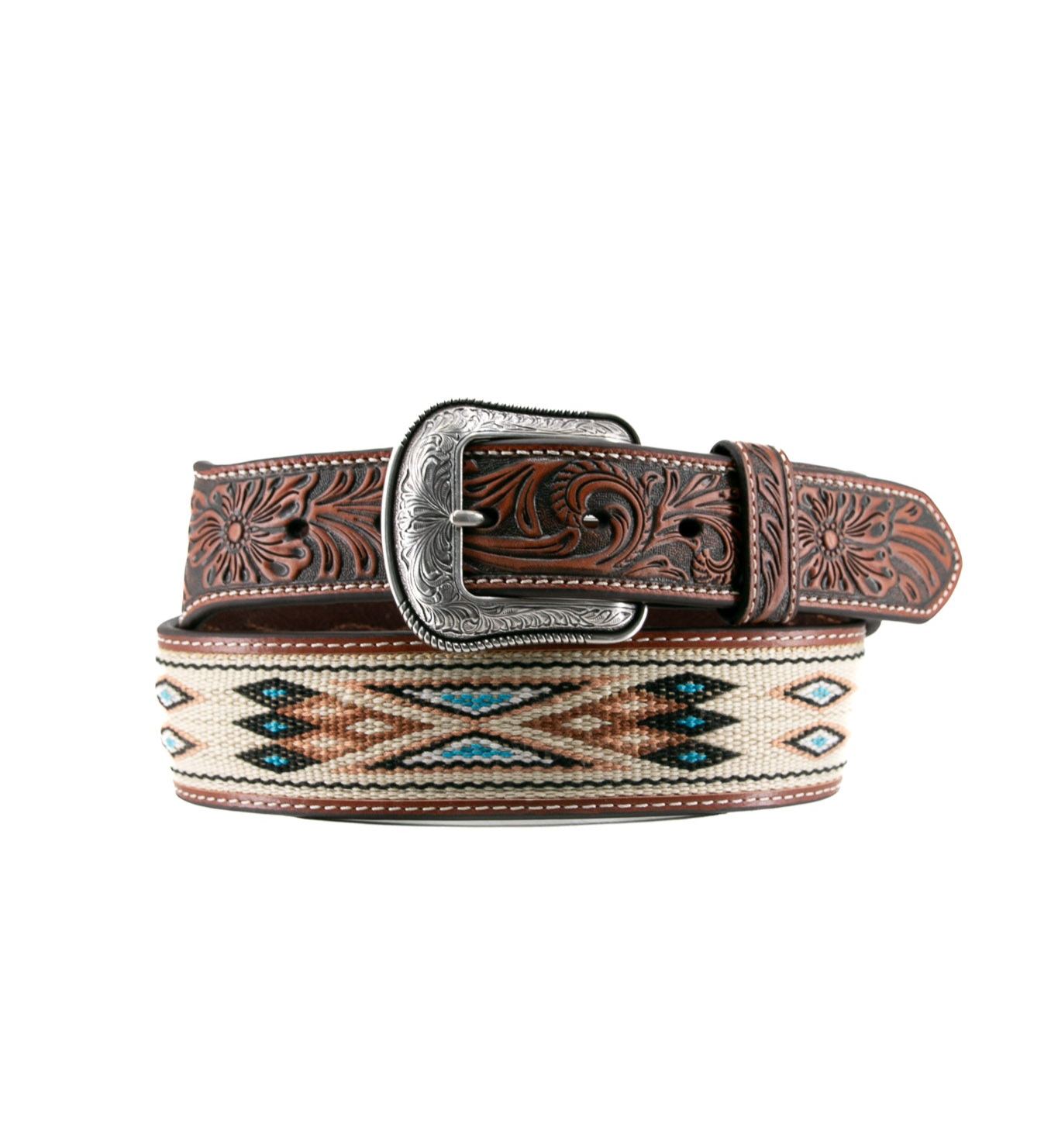 3D Leather Tapered Woven Inlay Tan Cowboy Belt