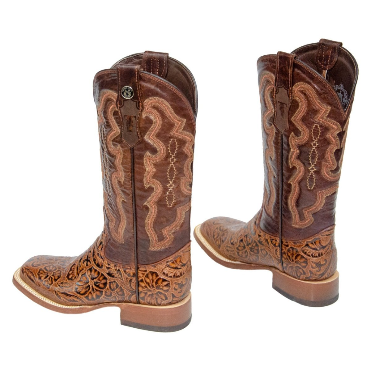Women's Hand Tooled Floral Western Boots - Broad Square Toe