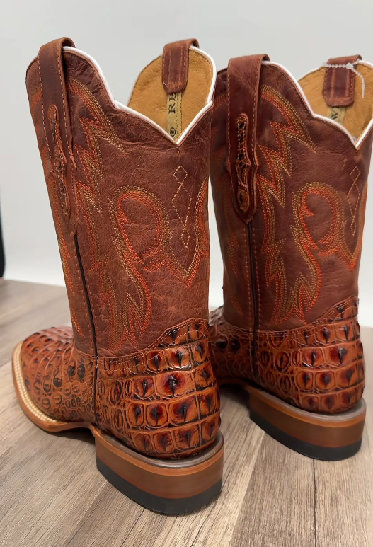 Men's Embossed Cowhide Square Toe Boots