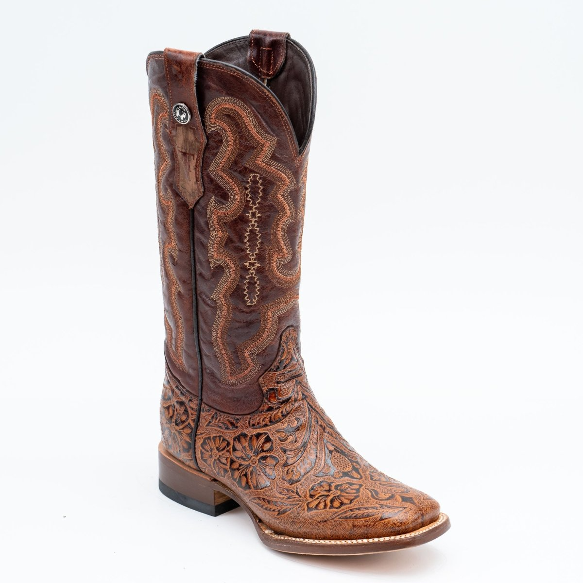 Women's Hand Tooled Floral Western Boots - Broad Square Toe