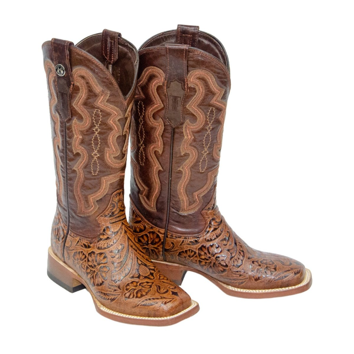 Women's Hand Tooled Floral Western Boots - Broad Square Toe