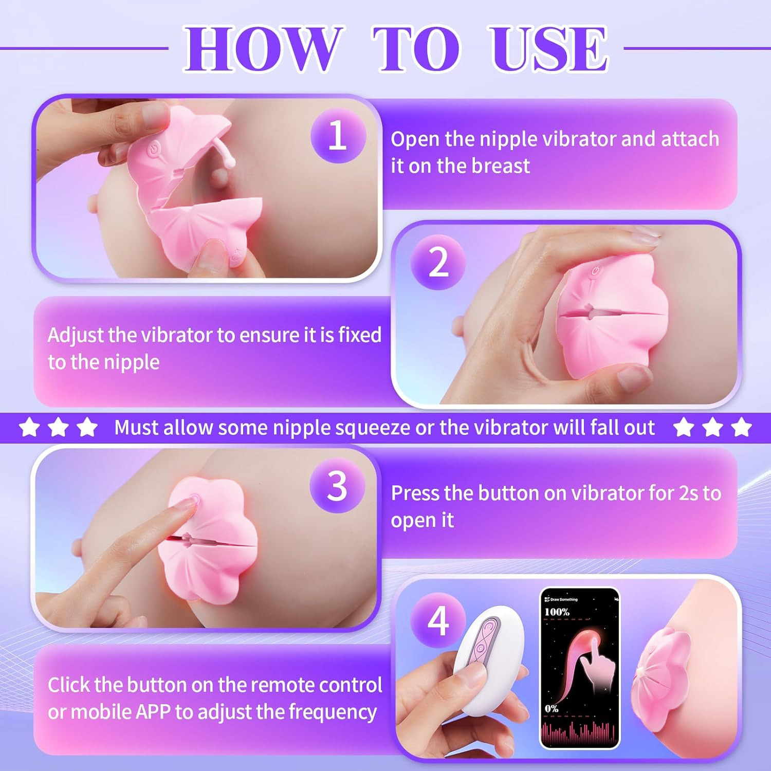 Rose Vibrating Nipple Clamps, Adjustable Pinch & Remote Control Nipple Toy