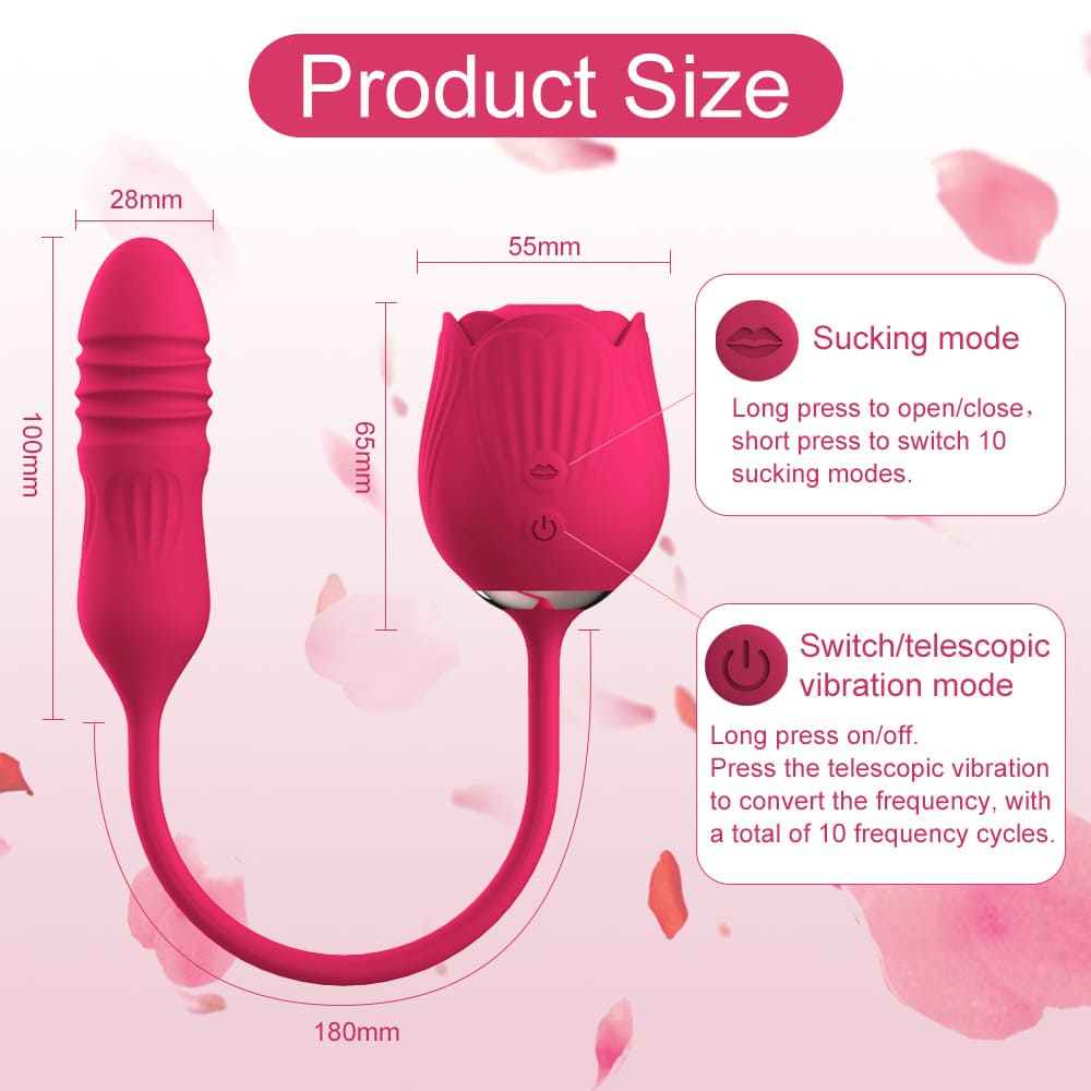 Rose Vibrator for Women – Thrusting G-Spot & Clitoral Stimulation, 10 Sucking Modes, Double-Ended Dildo for Couples