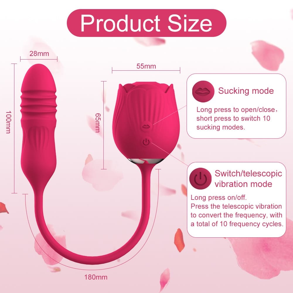 Rose Vibrator for Women – Thrusting G-Spot & Clitoral Stimulation, 10 Sucking Modes, Double-Ended Dildo for Couples
