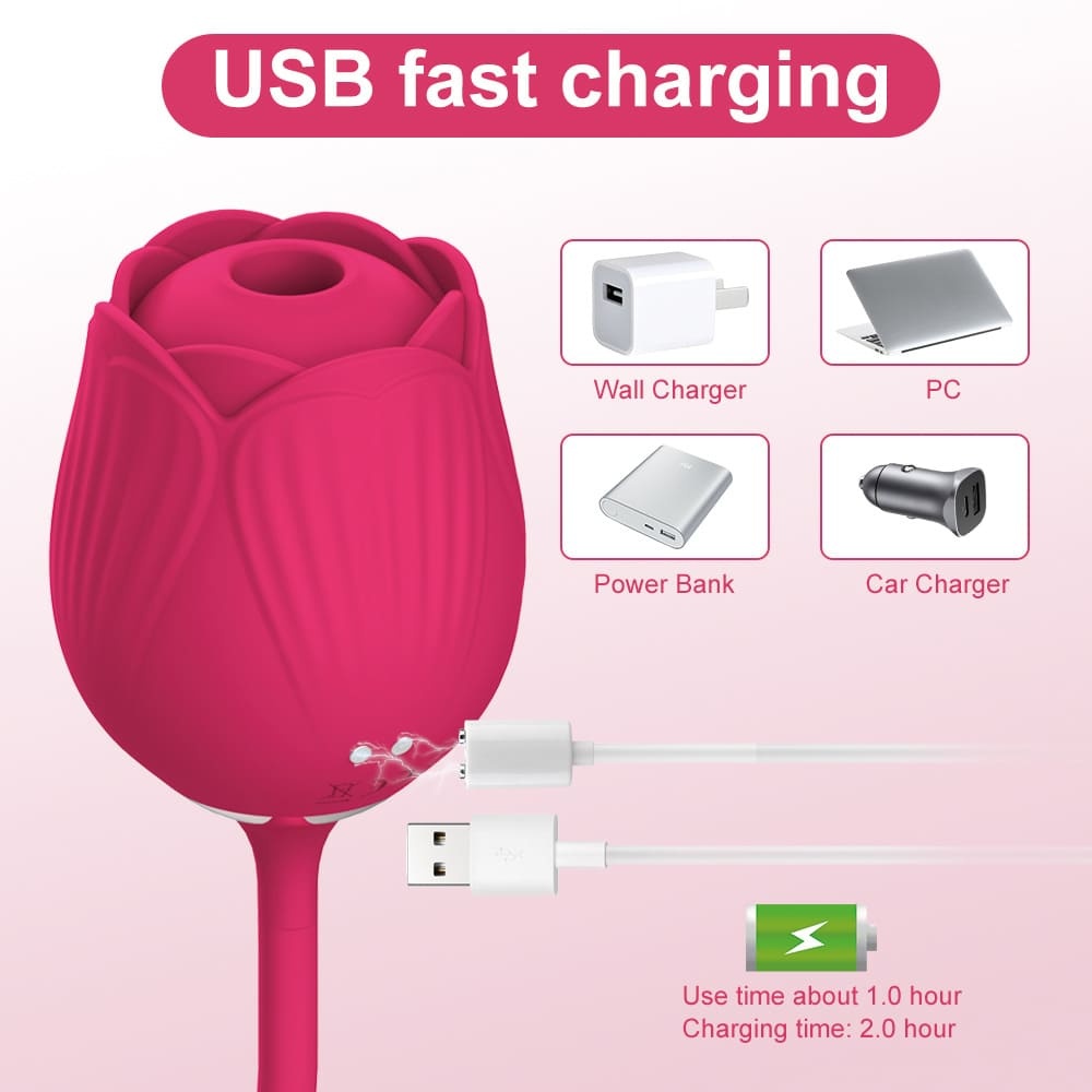 Rose Vibrator for Women – Thrusting G-Spot & Clitoral Stimulation, 10 Sucking Modes, Double-Ended Dildo for Couples