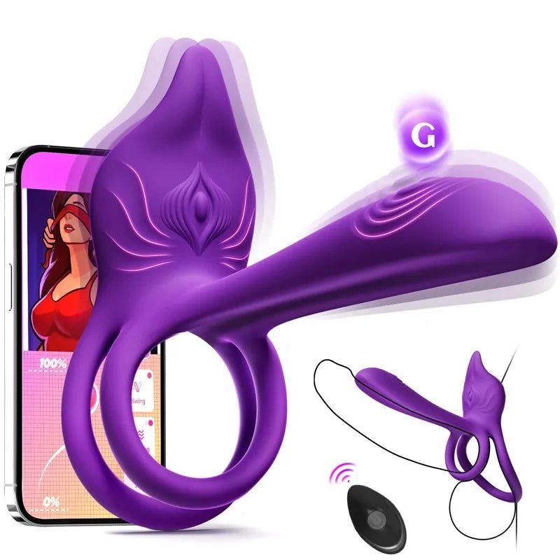 Vibrating Cock Ring Couples Sex Toys - MOOLIGIRL Dual Penis Ring Vibrator with Fox-Shaped Clitoral Stimulator & 4.6in G Spot Vibrator, 10 Vibration Adult Toys for Men Women, Female Sex S&M Floggers