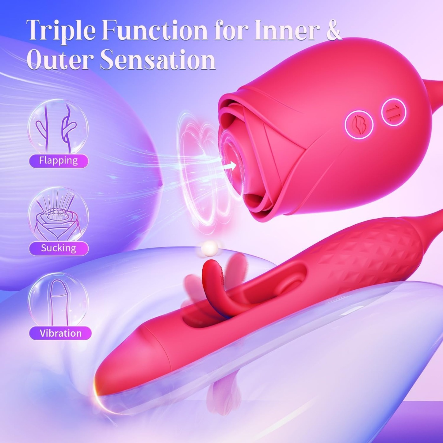 RosePulse – Triple Motion Vibrator with 10 AirPulse Suction, Flapping Clitoral Wings & Deep Thrust G-Spot Core – Rose Toy for Women