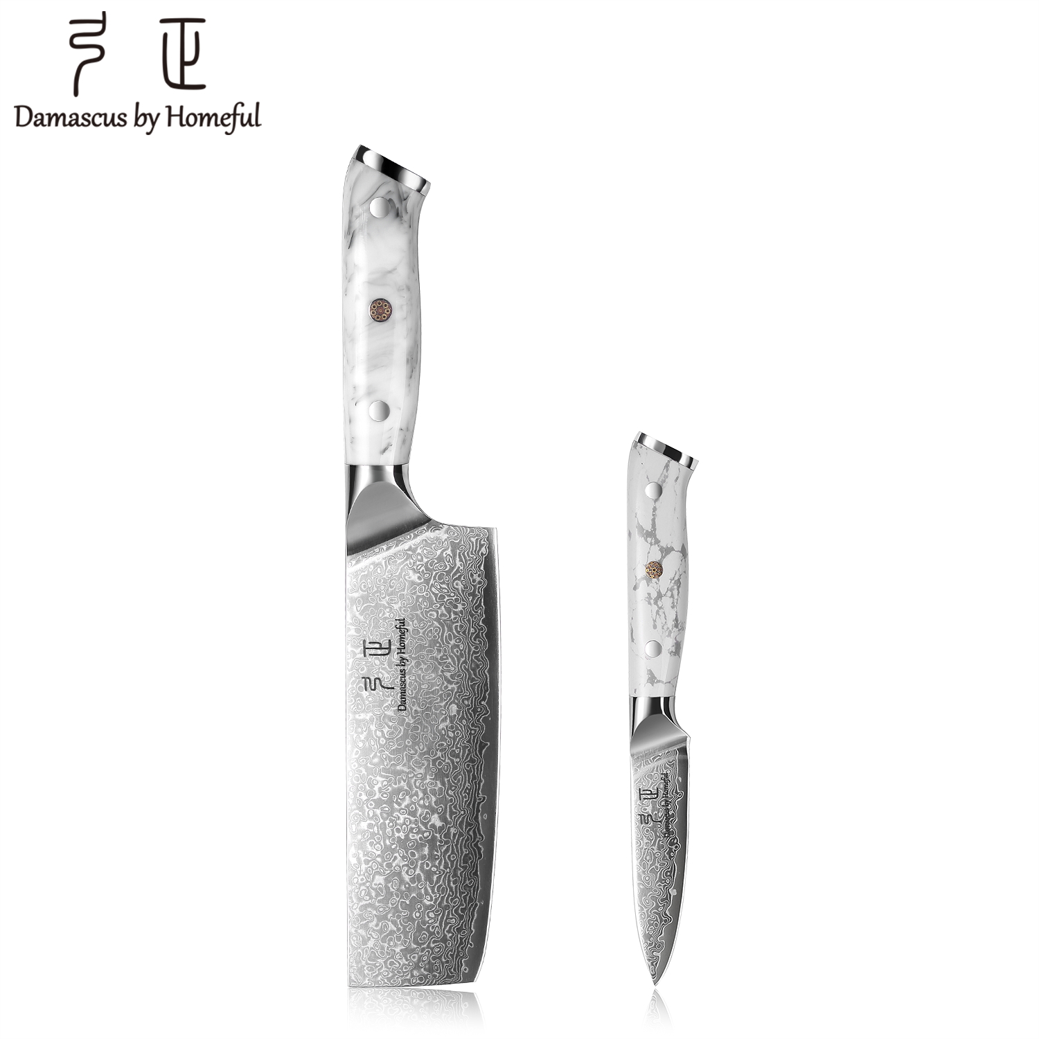 2pcs Damascus Steel Utility Knife and Japanese Nakiri Knife