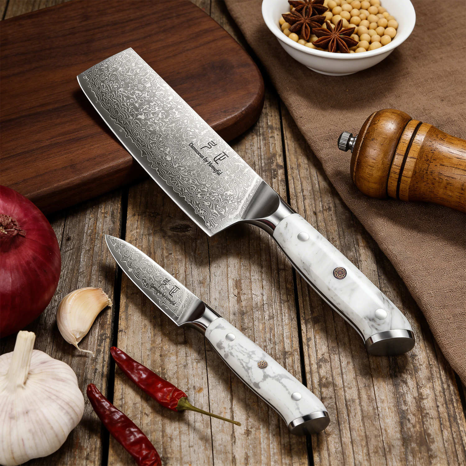 2pcs Damascus Steel Utility Knife and Japanese Nakiri Knife