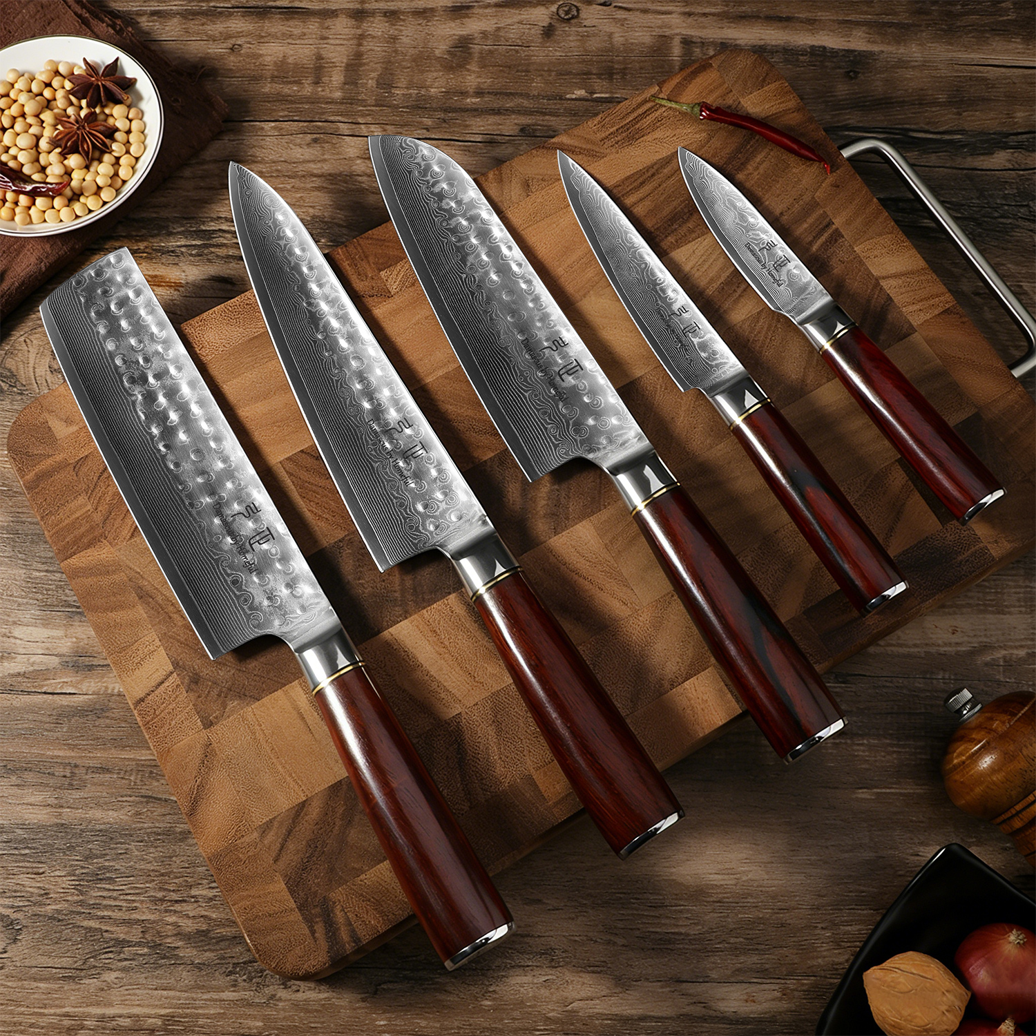 Homeful Damascus Knife Set with Wooden Handle