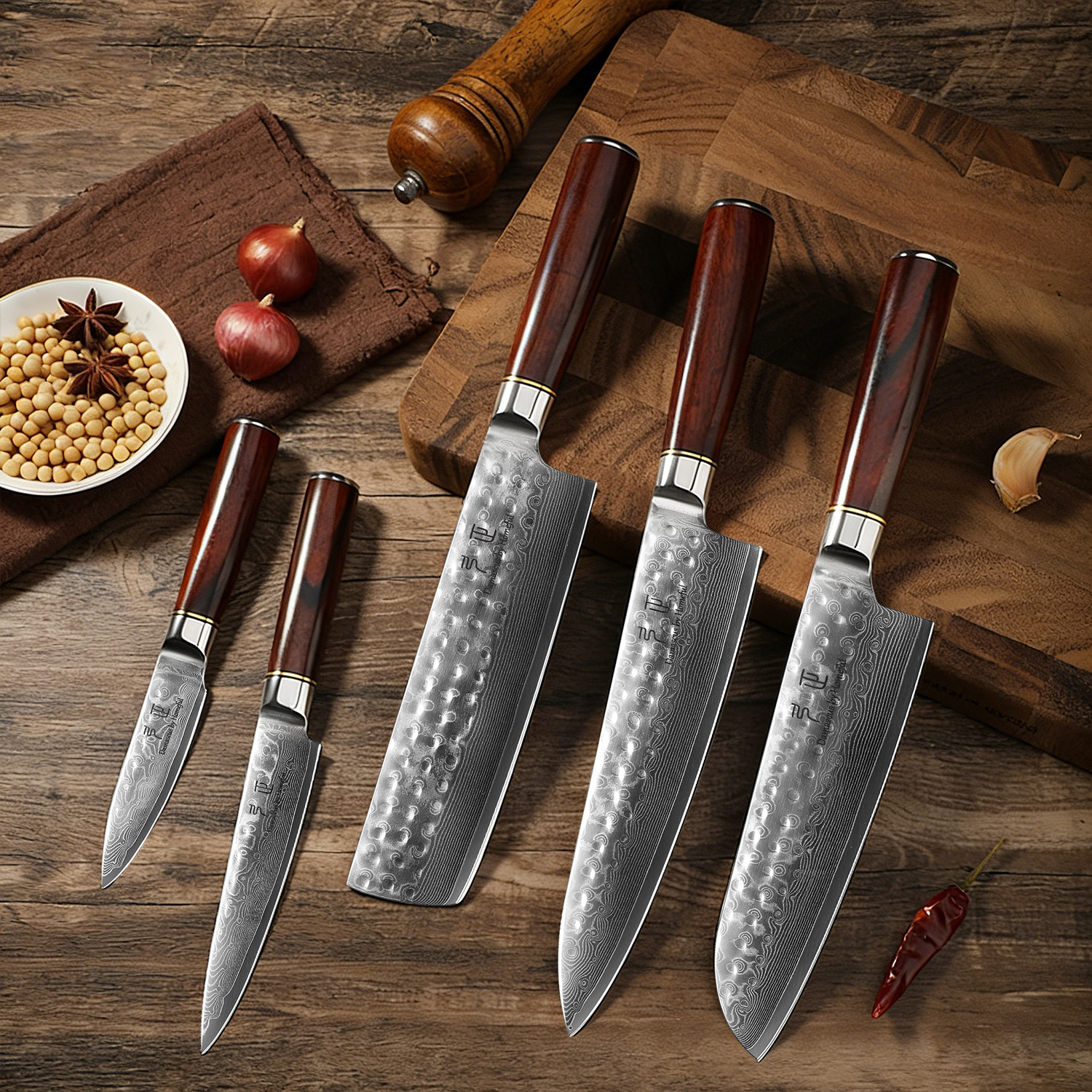 Homeful Damascus Knife Set with Wooden Handle