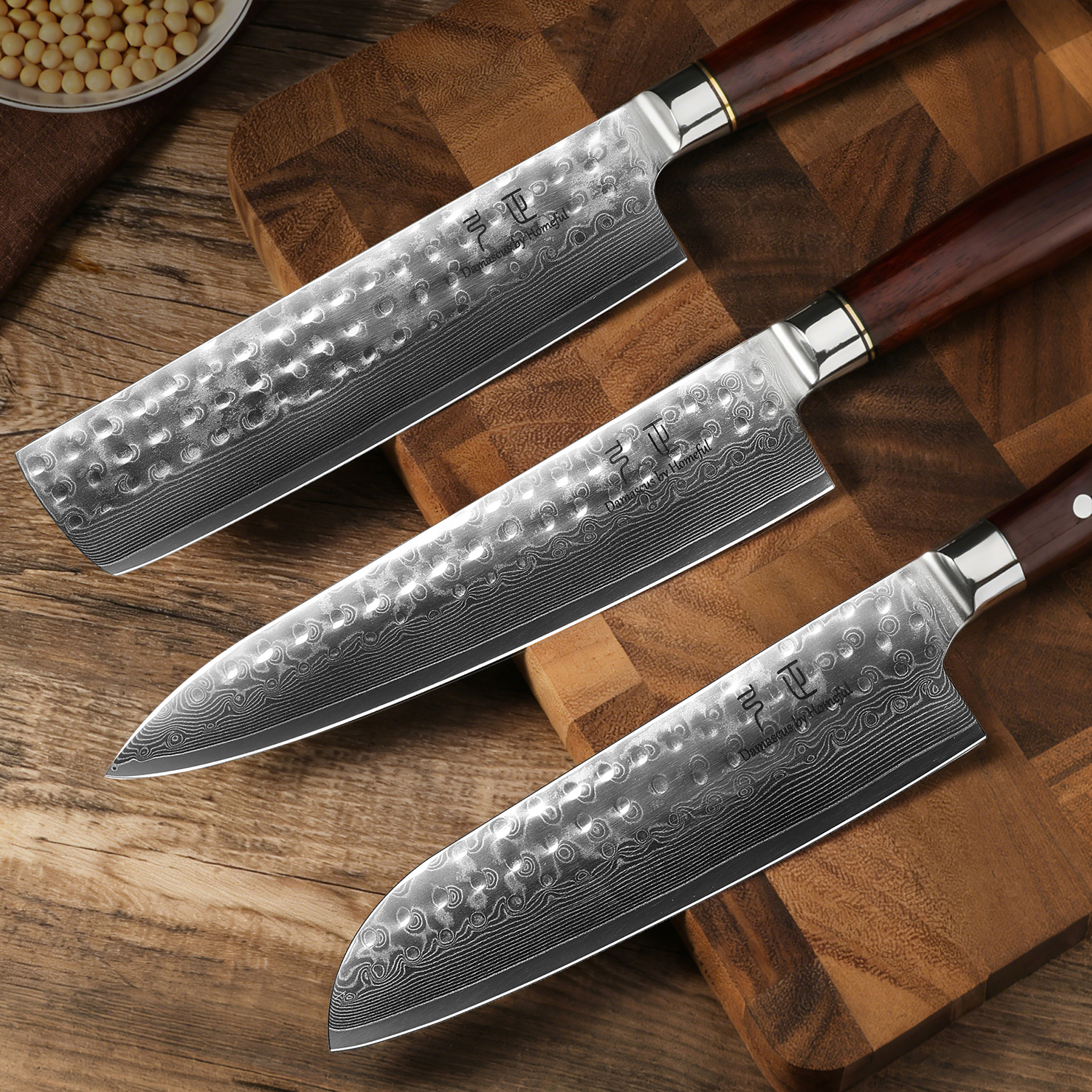 Homeful Damascus Knife Set with Wooden Handle