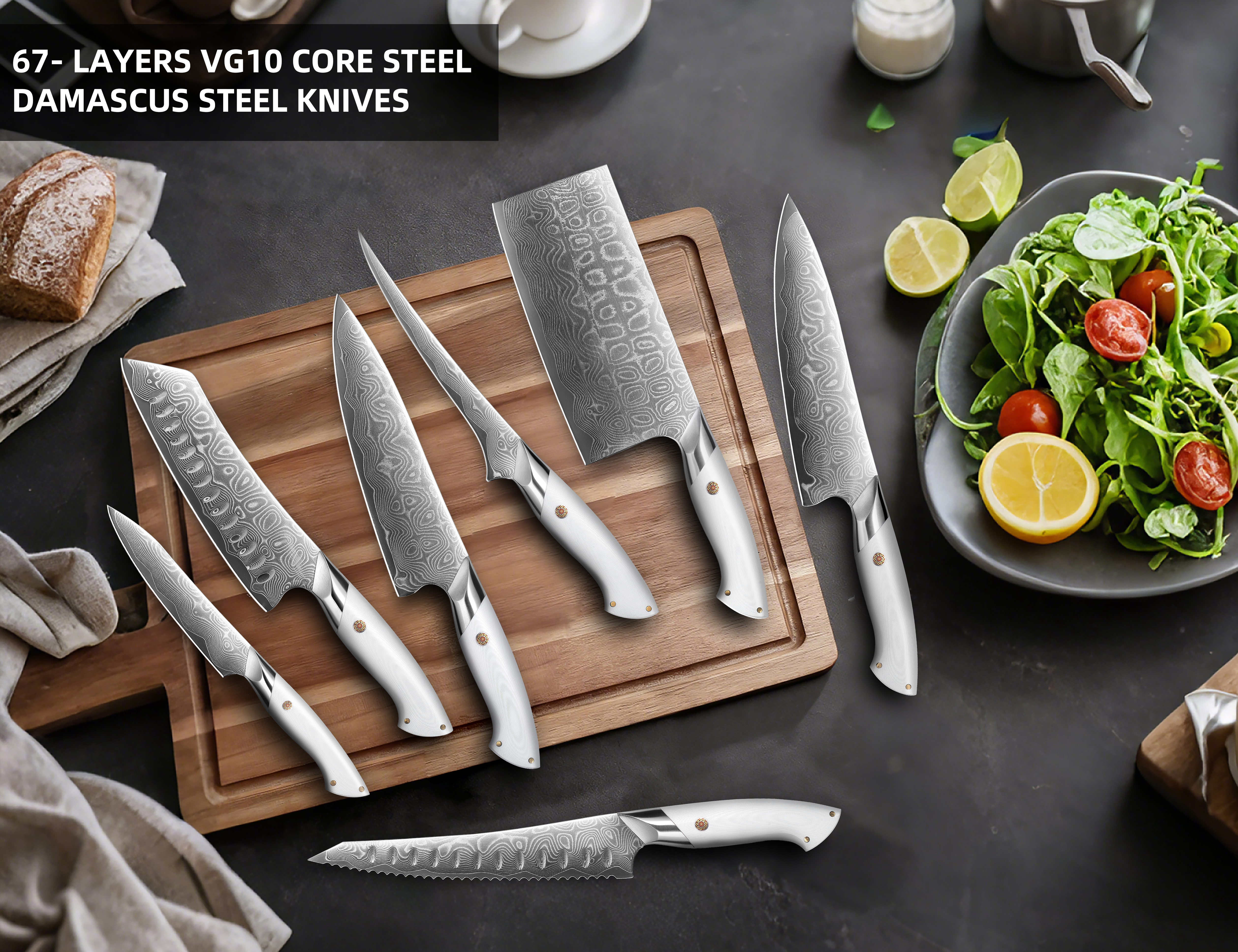 Premium damascus steel kitchen knife set with unique layered patterns