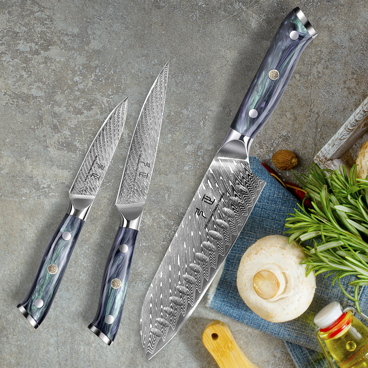  Luxury Colorful Acrylic Handle Damascus Steel Knife Set