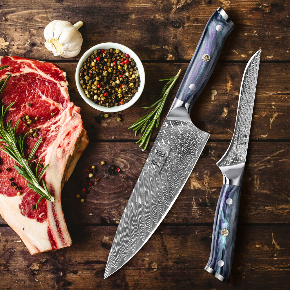  Luxury Colorful Acrylic Handle Damascus Steel Knife Set