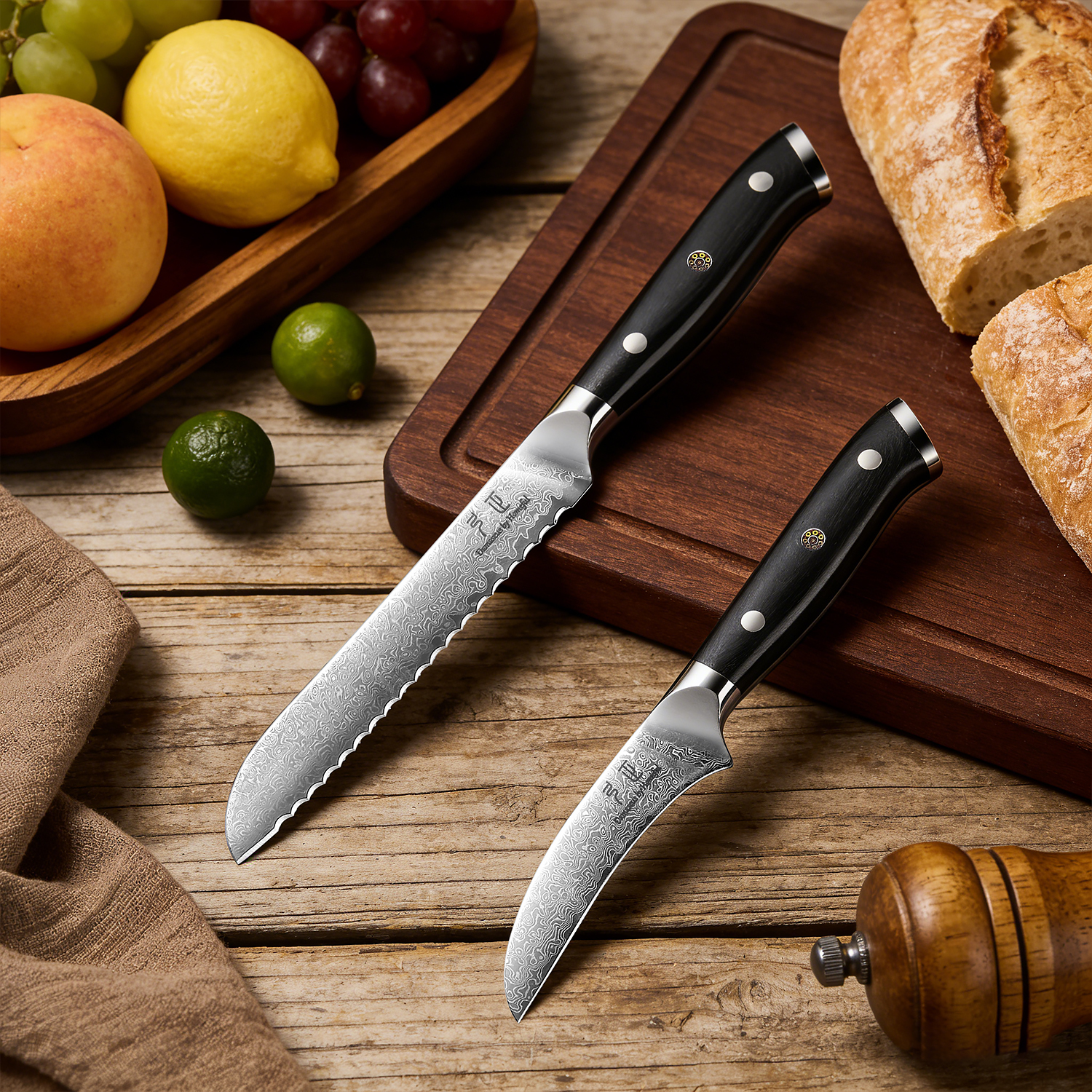 Homeful 2 Pieces Damascus Steel Bread Knife and Paring Knife
