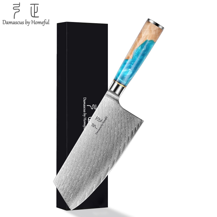 7'' Damascus Burl Wood mixed with Resin handle Cleaver Knife
