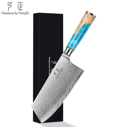 7'' Damascus Burl Wood mixed with Resin handle Cleaver Knife
