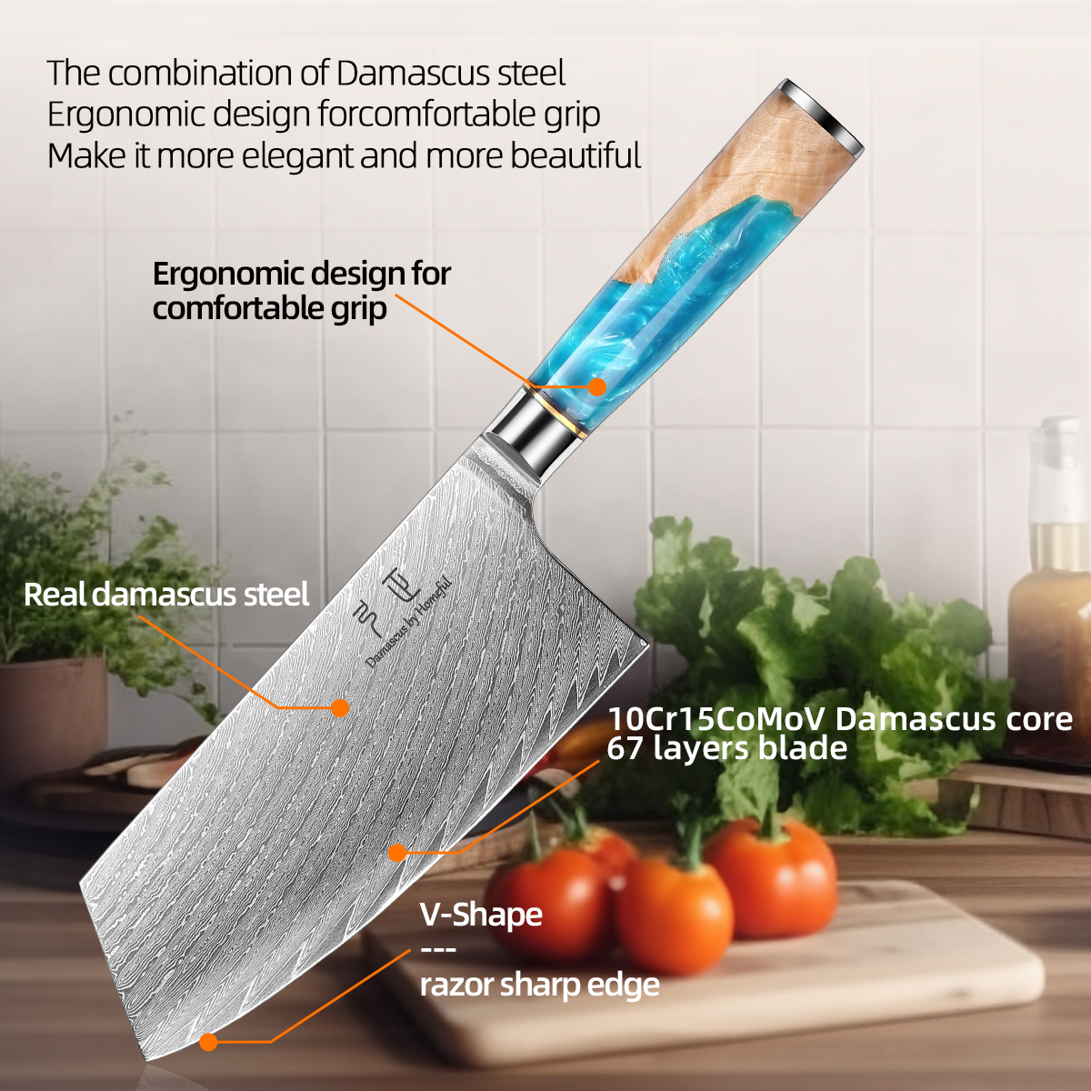 7'' Damascus Burl Wood mixed with Resin handle Cleaver Knife